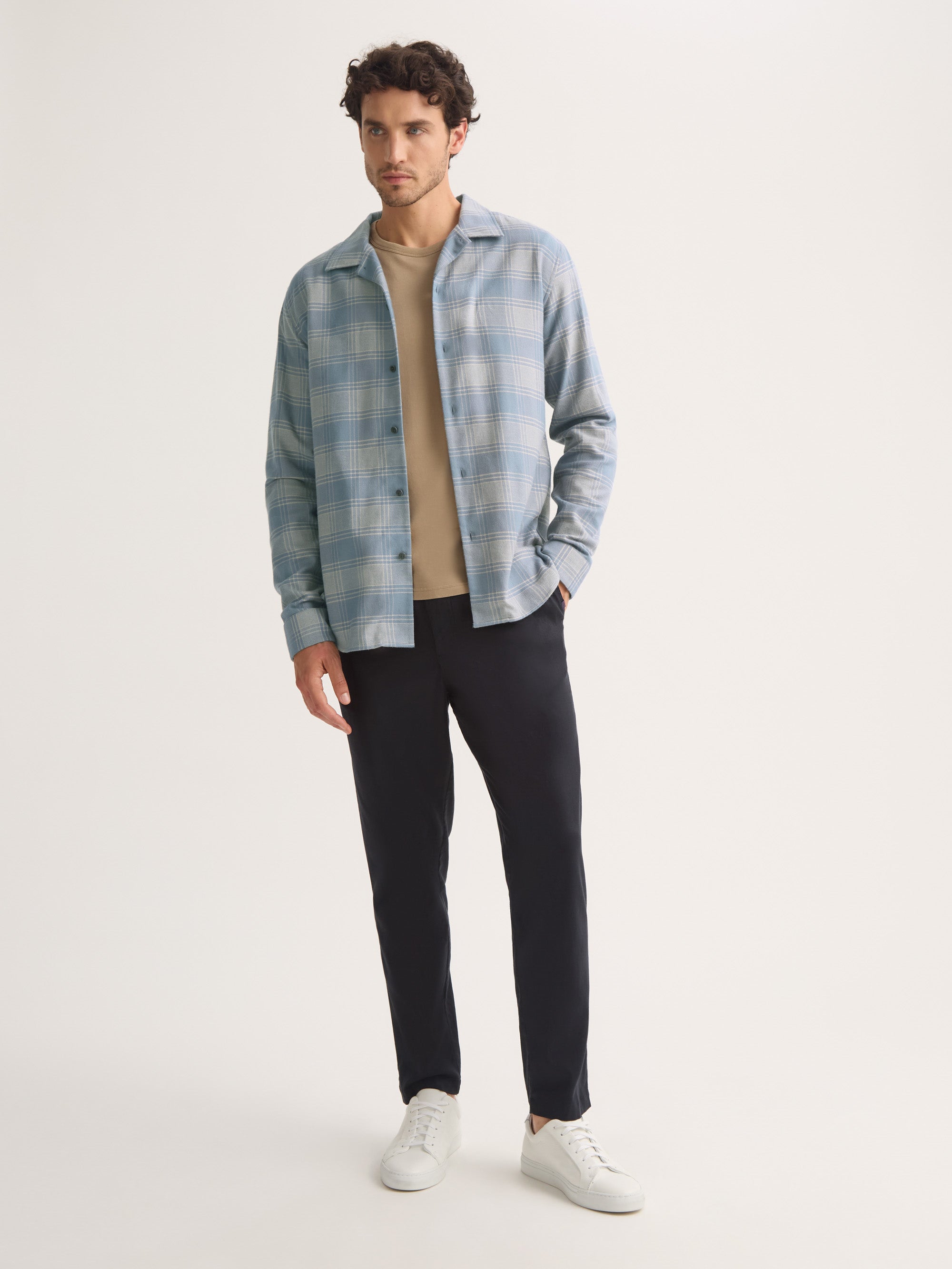 Men's Flannel Overshirt Kelburn Brushed Cotton Storm Blue & Ecru Check