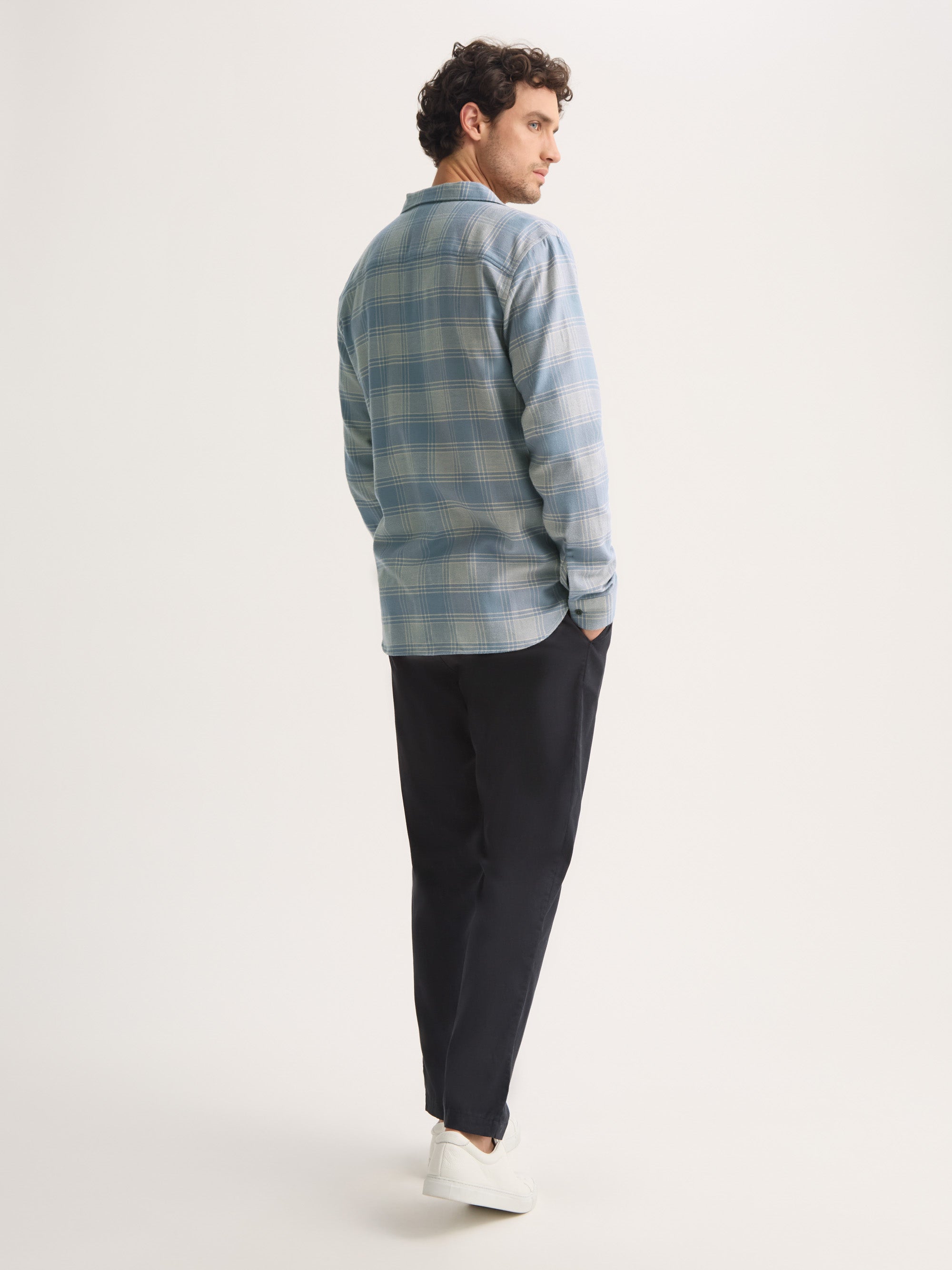 Men's Flannel Overshirt Kelburn Brushed Cotton Storm Blue & Ecru Check