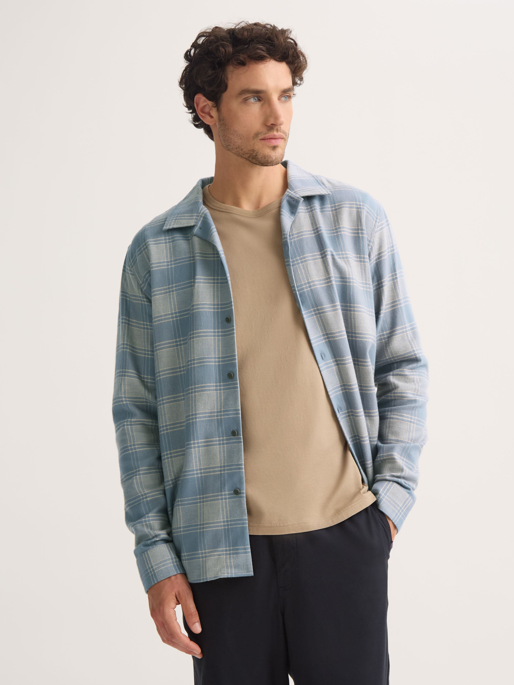 Men's Flannel Overshirt Kelburn Brushed Cotton Storm Blue & Ecru Check