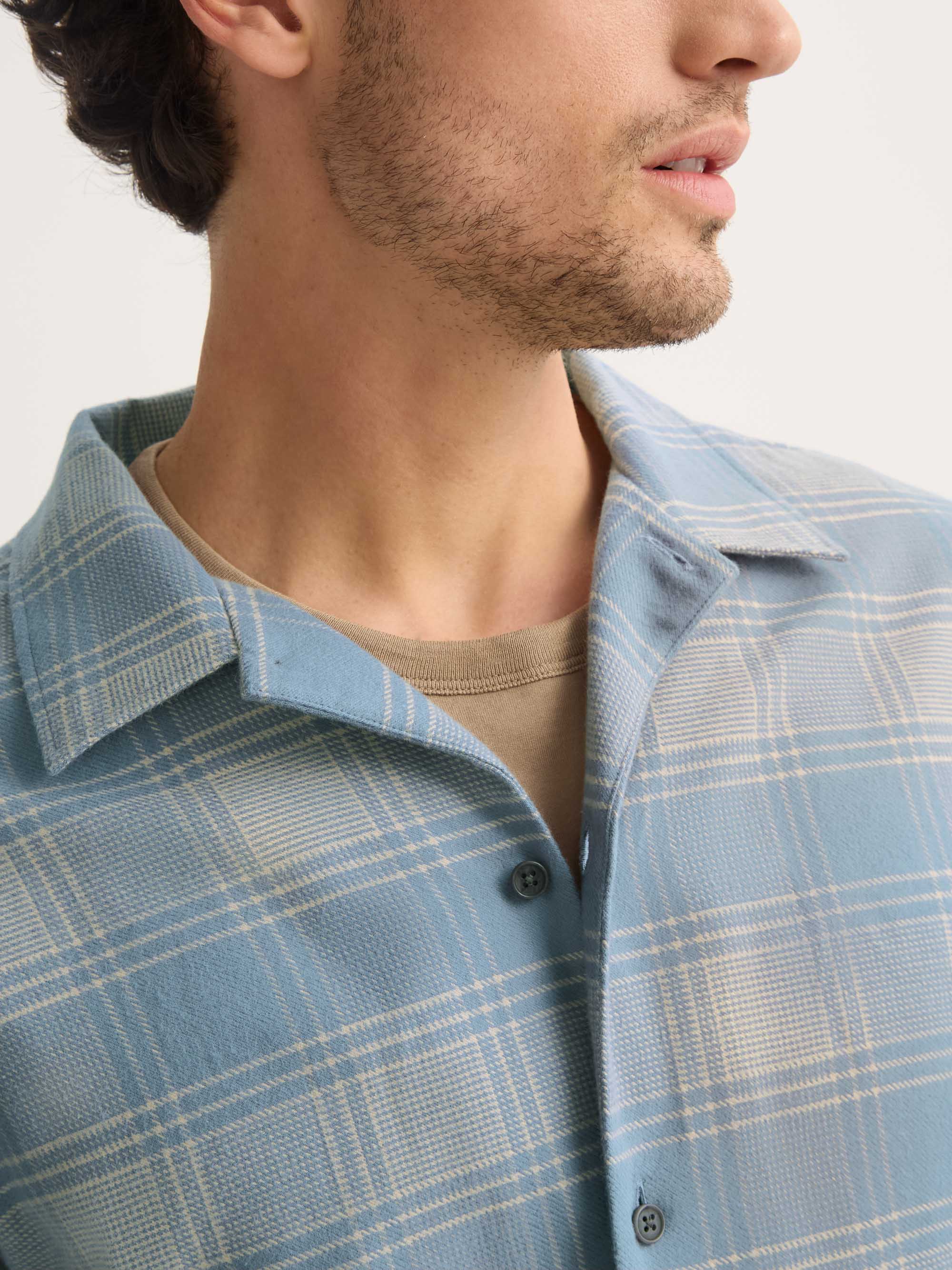 Men's Flannel Overshirt Kelburn Brushed Cotton Storm Blue & Ecru Check