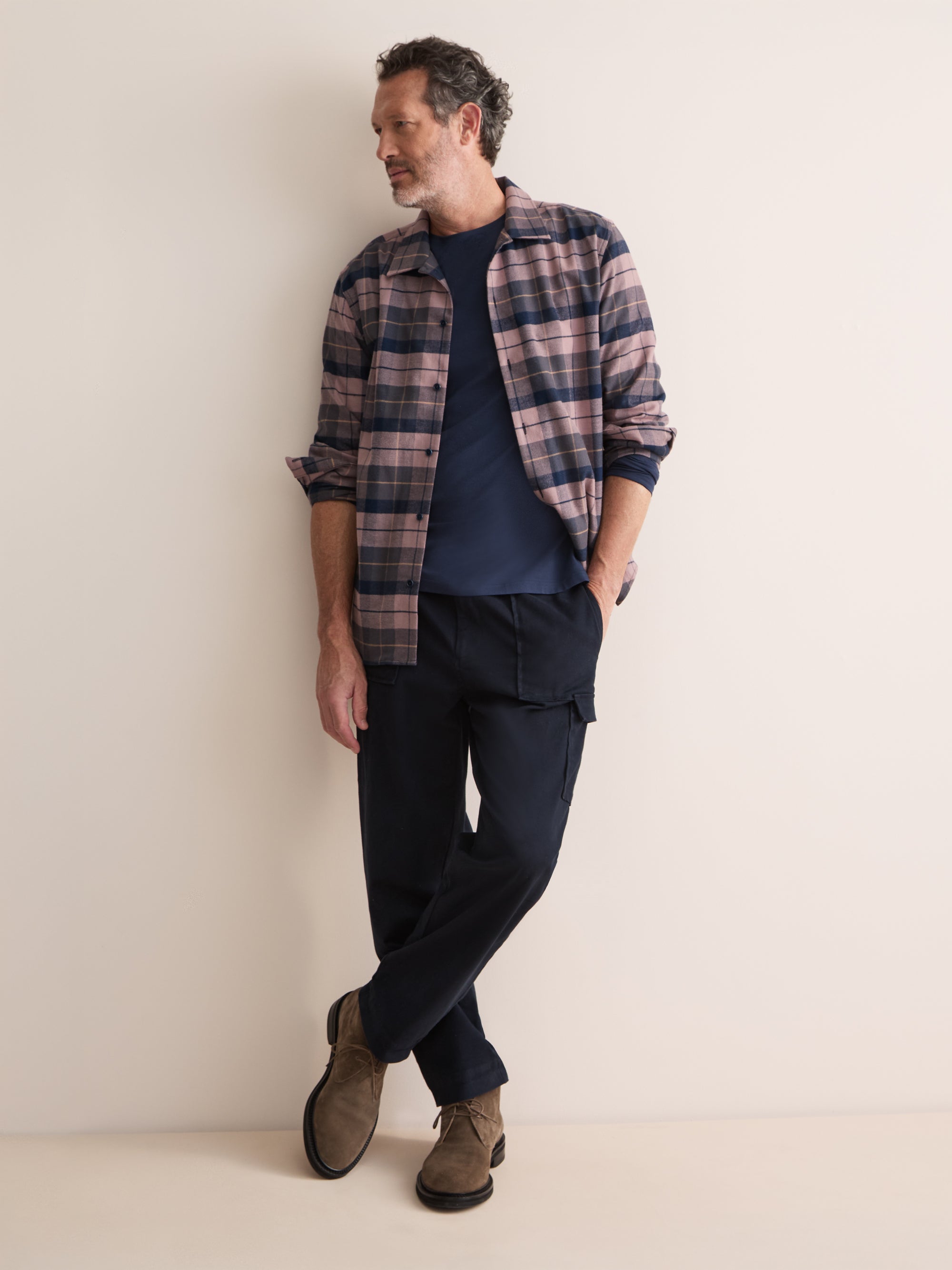 Kelburn Brushed Cotton Flannel Shirt Navy & Dusty Pink Check