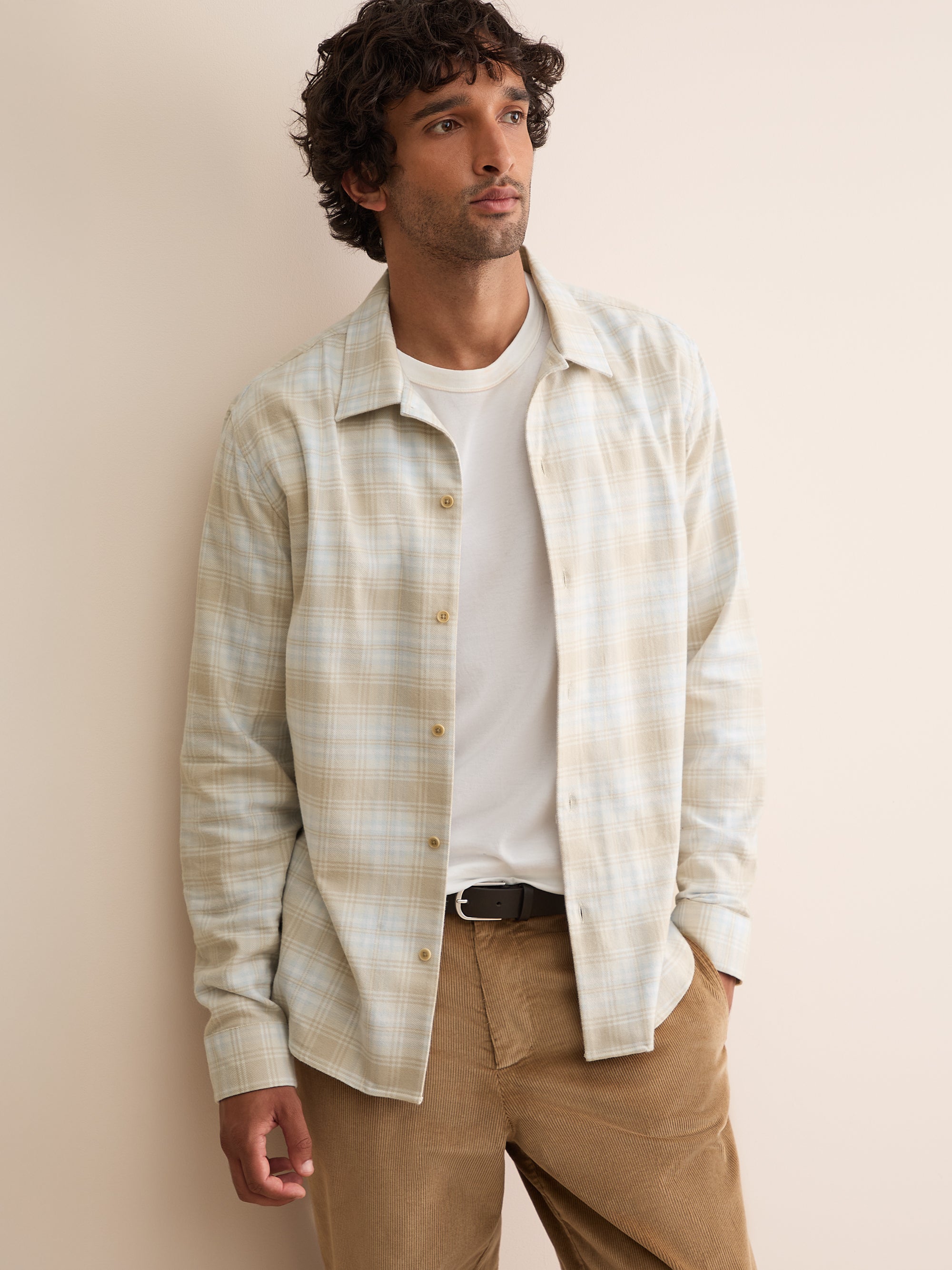 Kelburn Brushed Cotton Flannel Shirt Oatmeal & Ice Blue Check