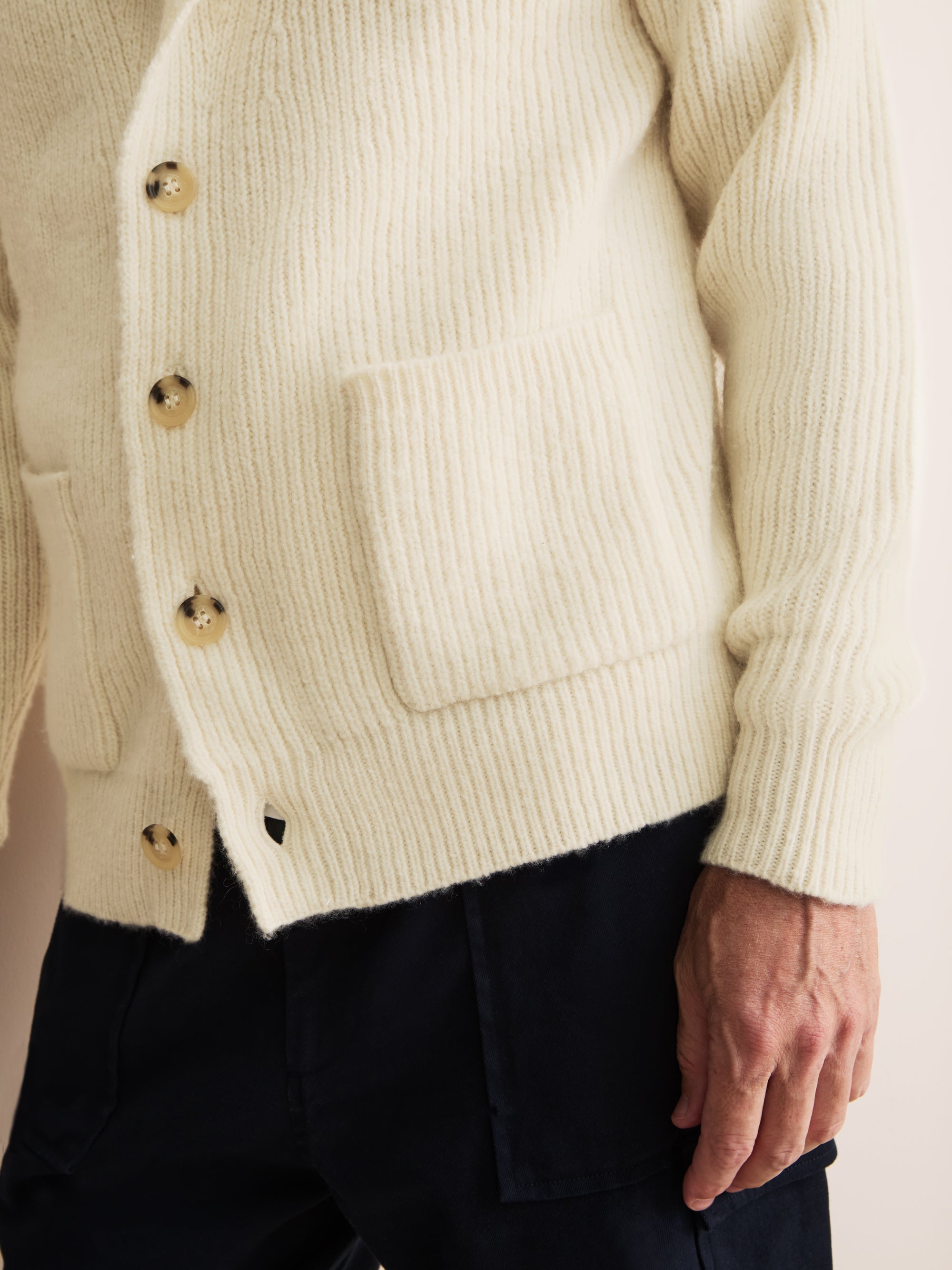 Arthur Wool Cashmere Ribbed Shawl Collar Cardigan Cream