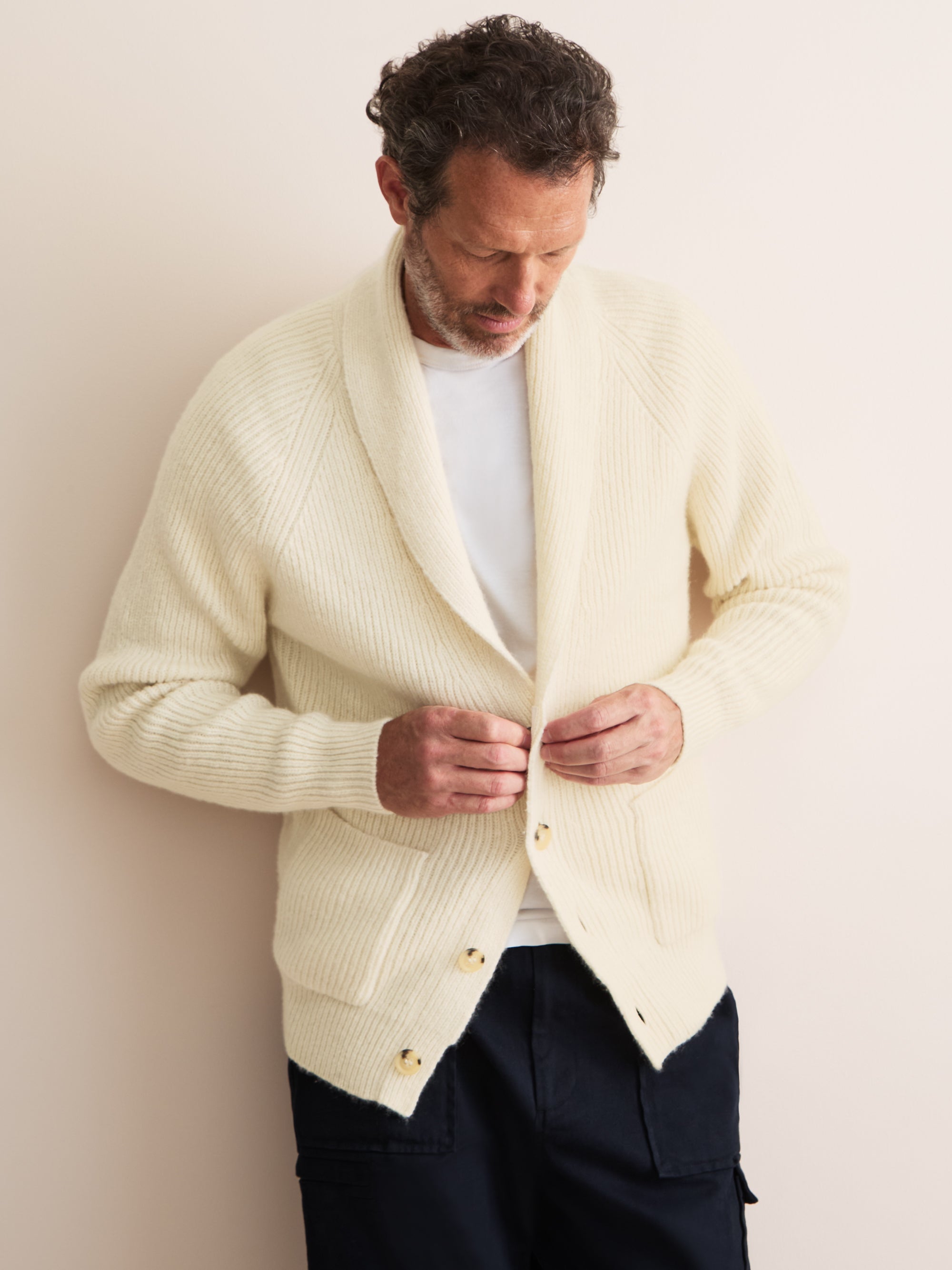 Arthur Wool Cashmere Ribbed Shawl Collar Cardigan Cream