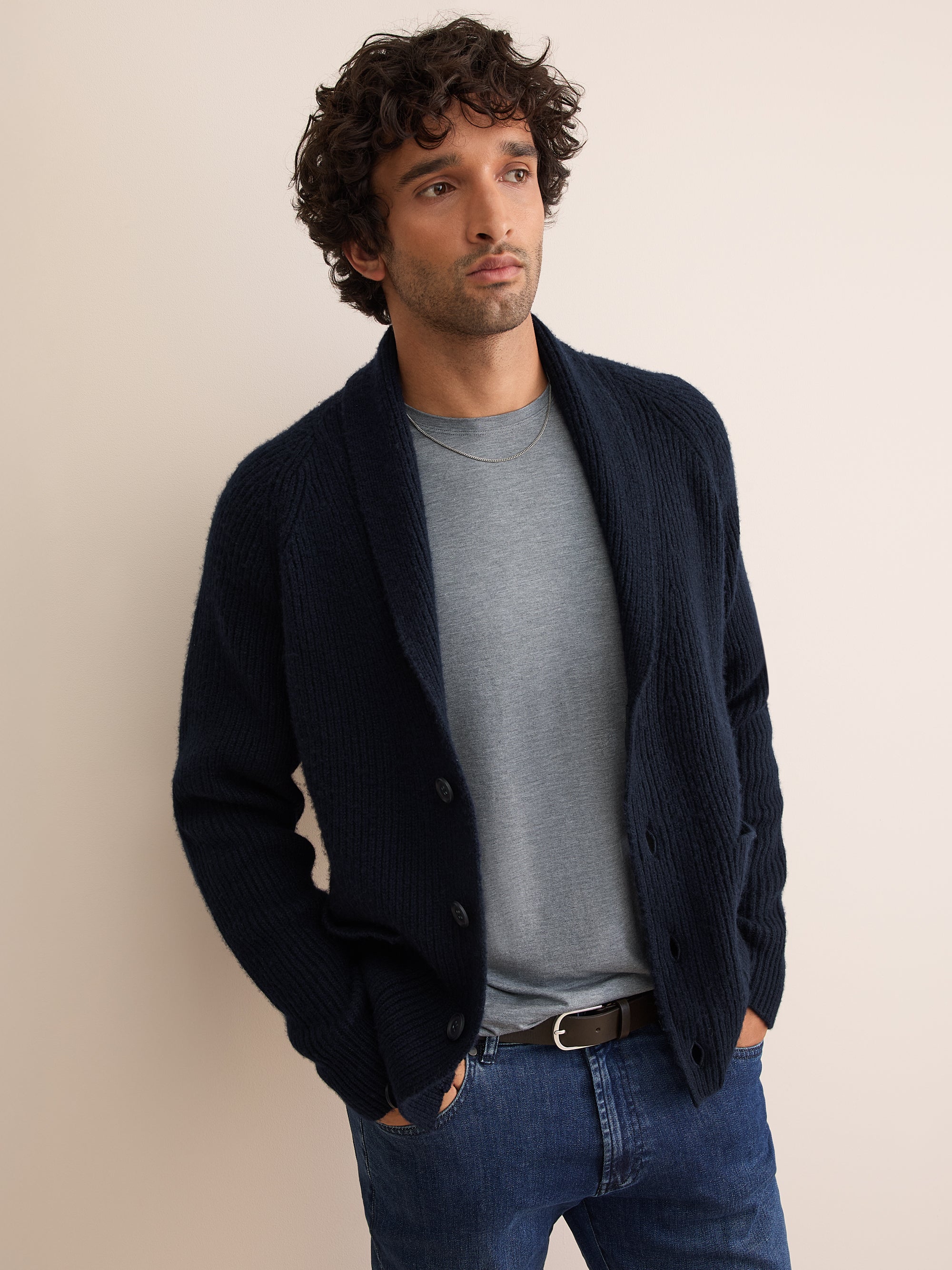 Arthur Wool Cashmere Ribbed Shawl Collar Cardigan Navy Blue