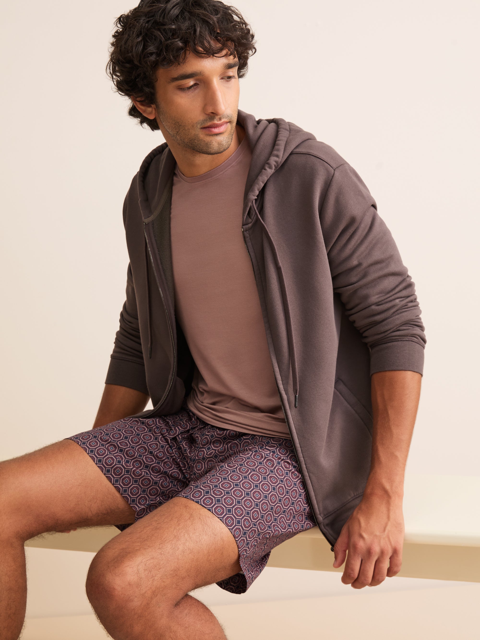 Ledbury Cotton Batiste Lounge Shorts Night Navy & Wine Geo