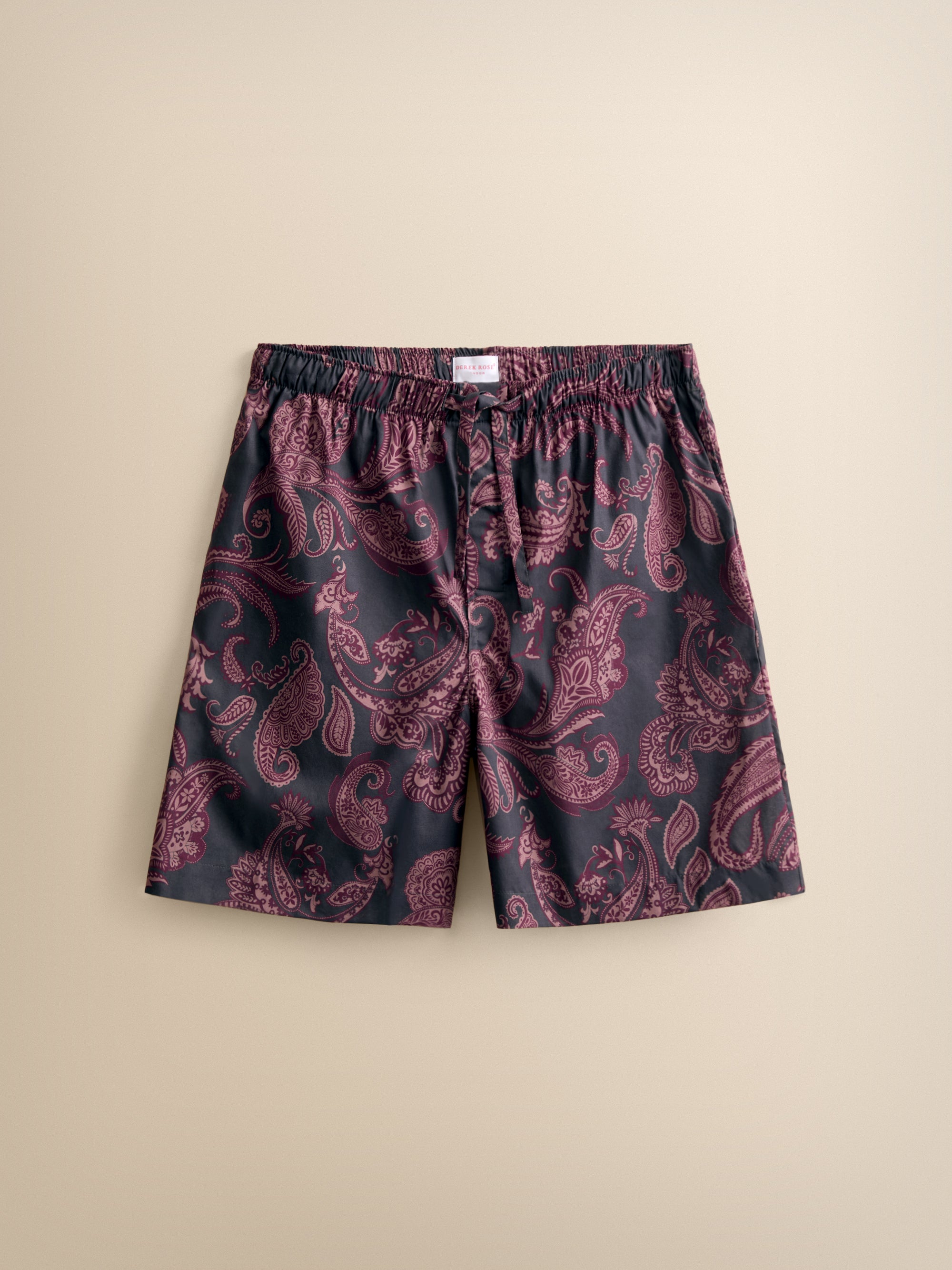 Ledbury Cotton Batiste Lounge Shorts Night Gray & Wine Paisley