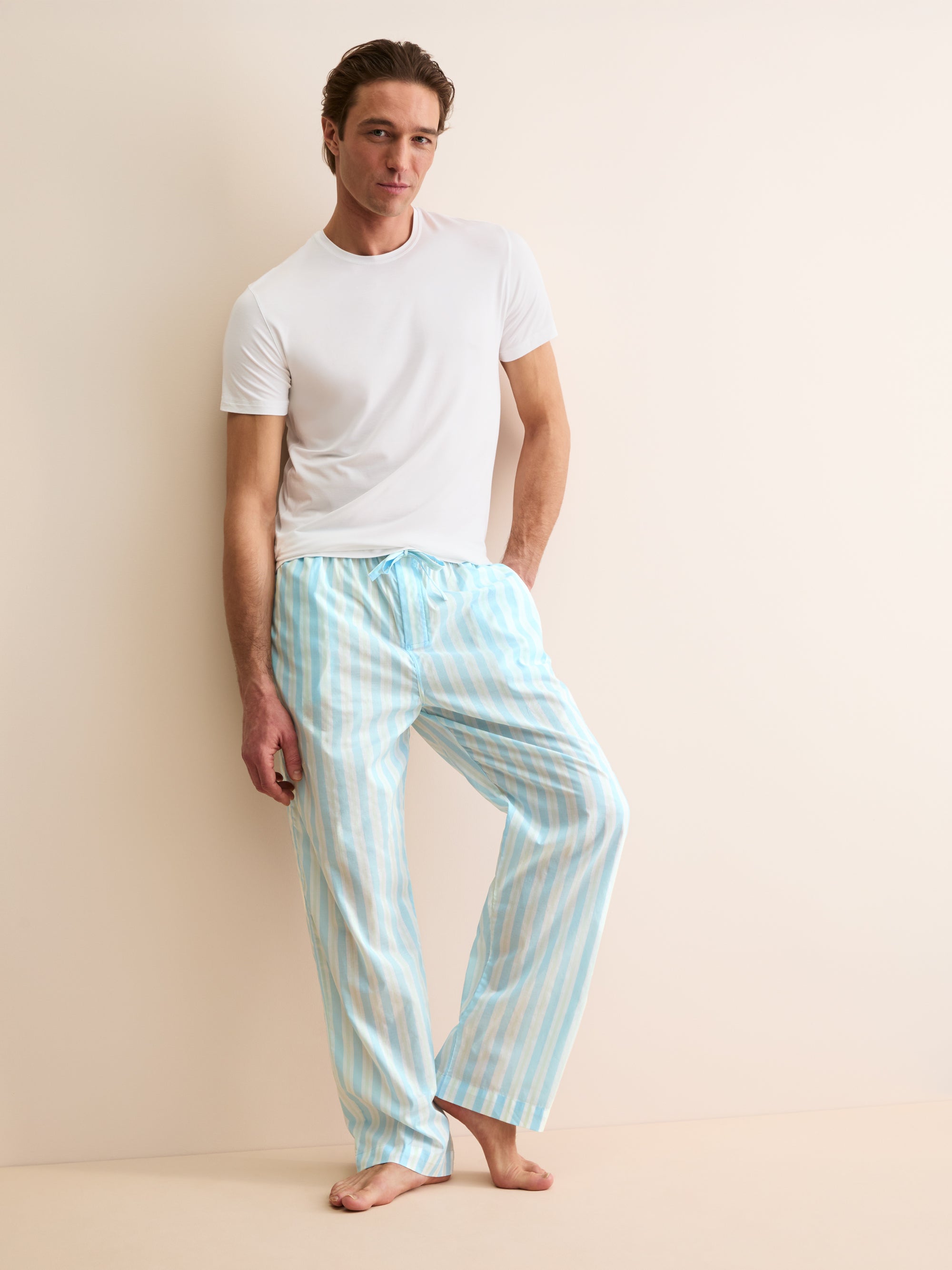 Men's Lounge Trousers Amalfi Cotton Batiste Aqua Blue Stripe