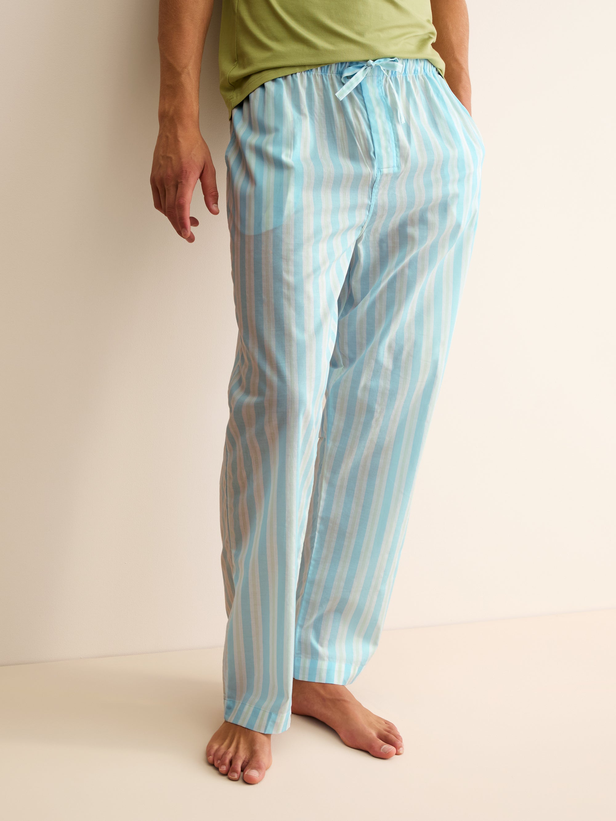 Men's Lounge Trousers Amalfi Cotton Batiste Aqua Blue Stripe