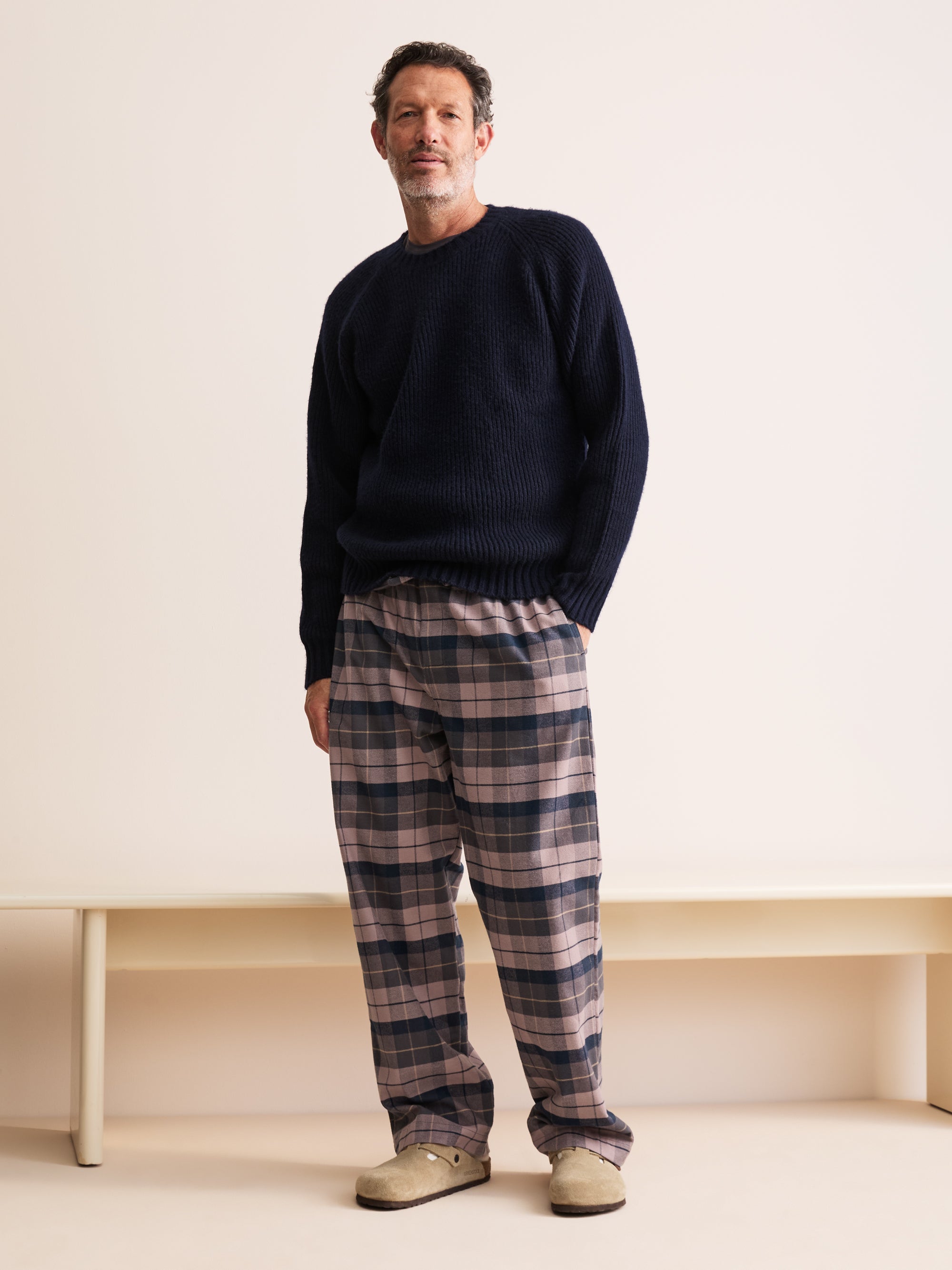 Kelburn Brushed Cotton Lounge Pants Navy & Dusty Pink Check