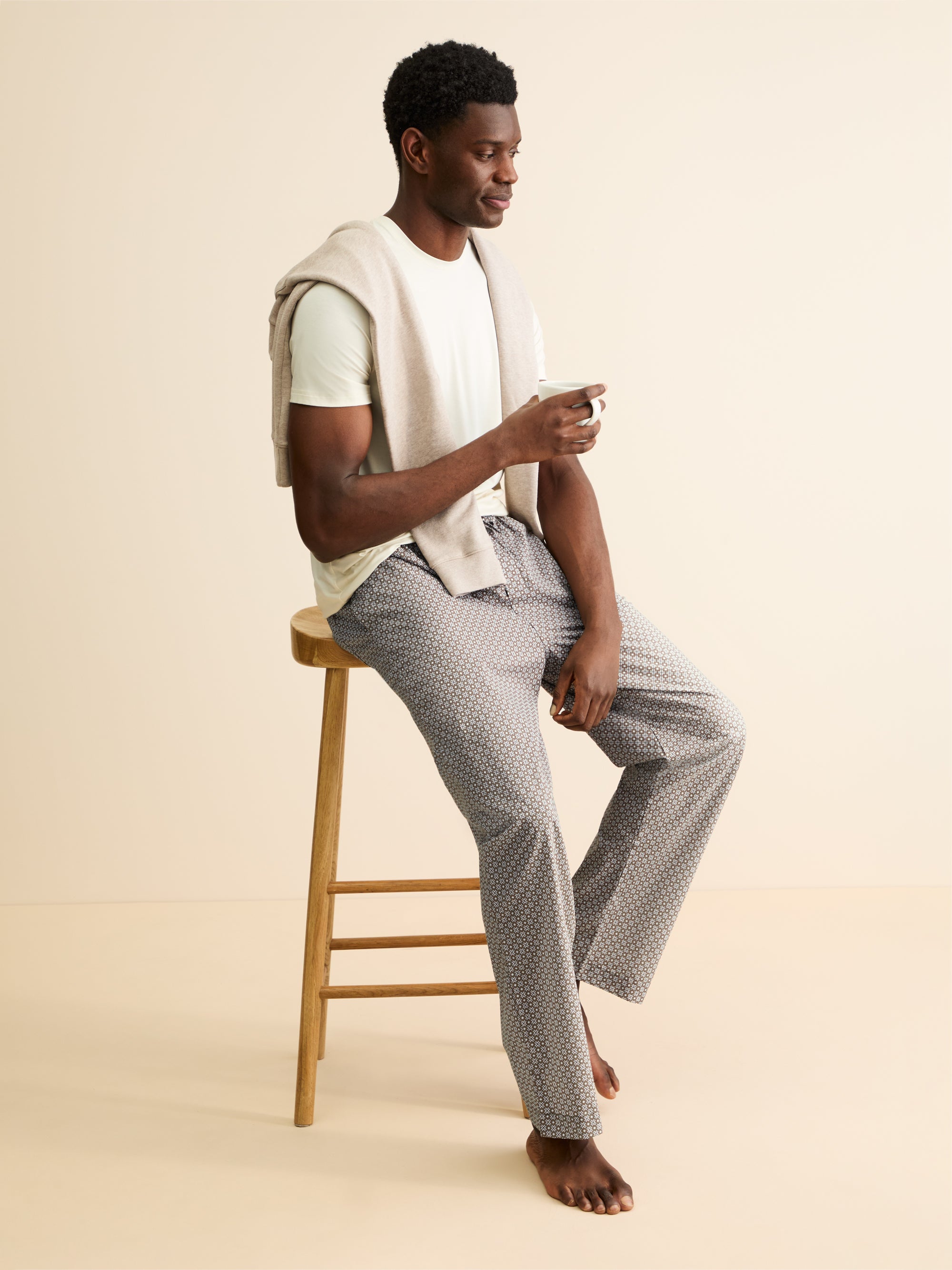 Men's Lounge Trousers Ledbury Cotton Batiste Taupe & Cream Cross