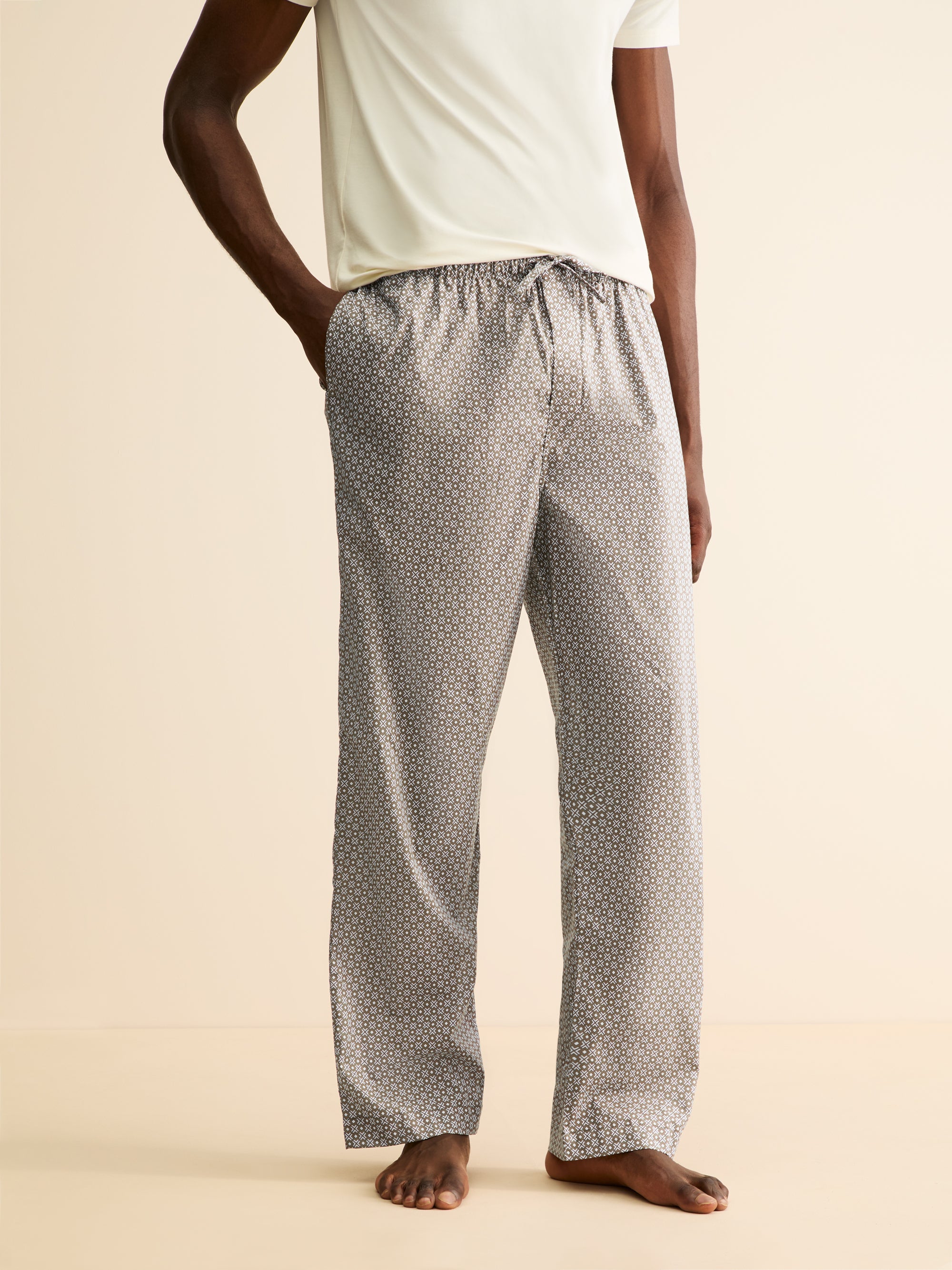 Men's Lounge Trousers London Geo Cross Cotton Batiste Taupe