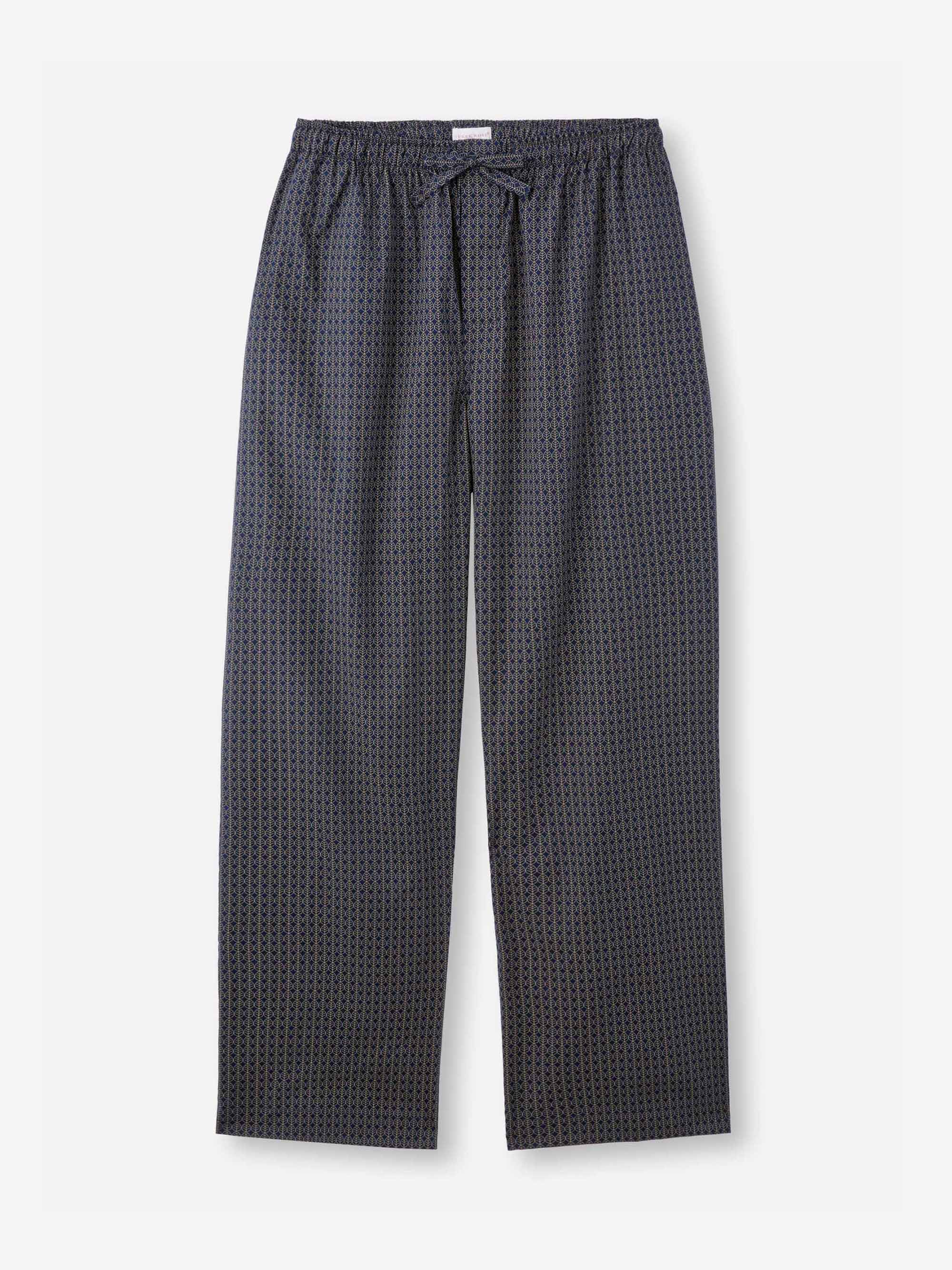 Men's Lounge Trousers Cotton Batiste Navy Jungle Leaf Print