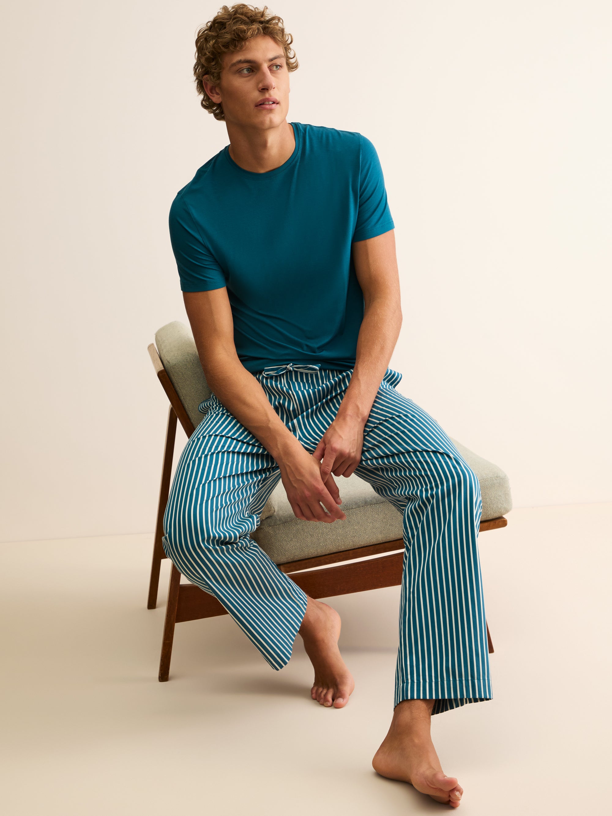 Men's Lounge Trousers Royal Cotton Teal & White Stripe