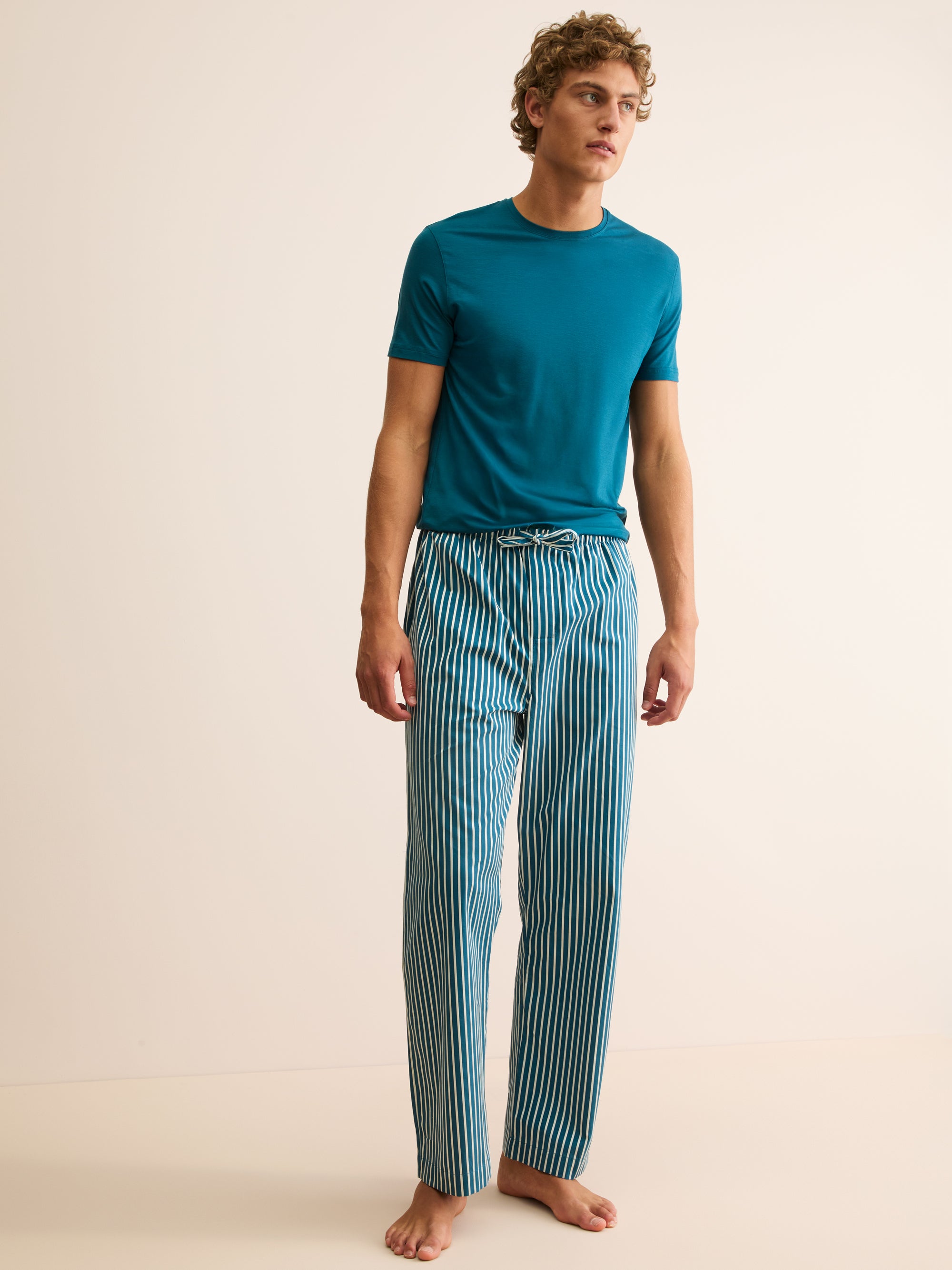 Men's Lounge Trousers Royal Cotton Teal & White Stripe