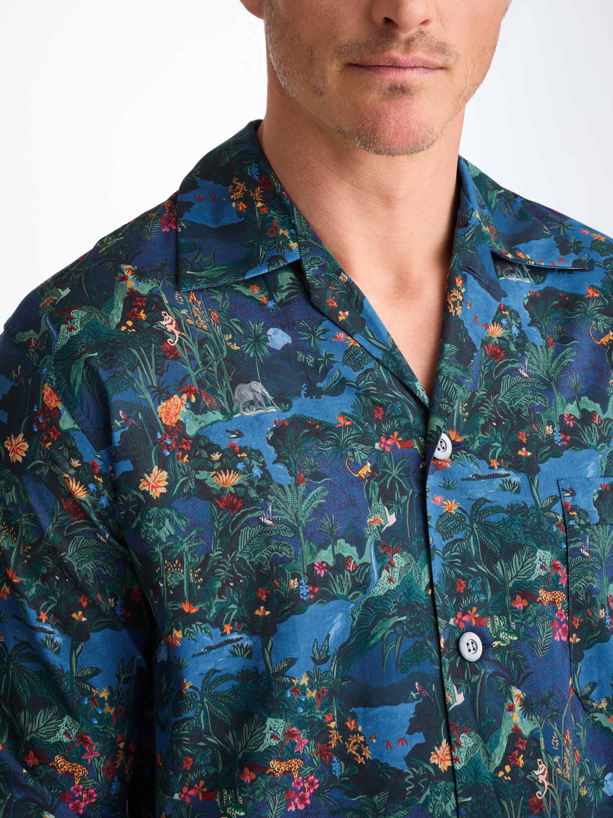 Men's Classic Fit Pyjamas Cotton Batiste Multi Midnight Jungle Print