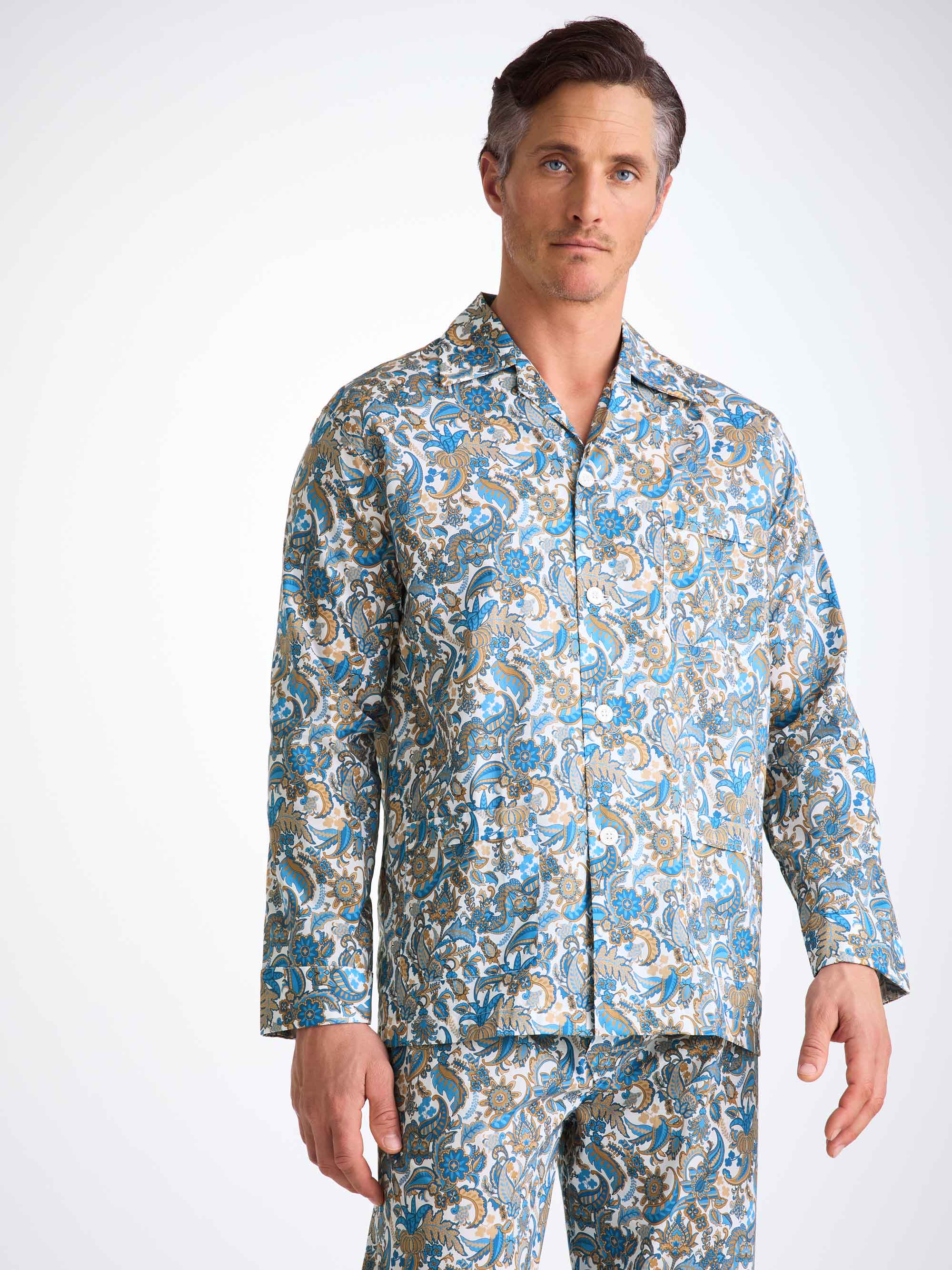 Men's Classic Fit Pyjamas Cotton Batiste White Jungle Paisley Print