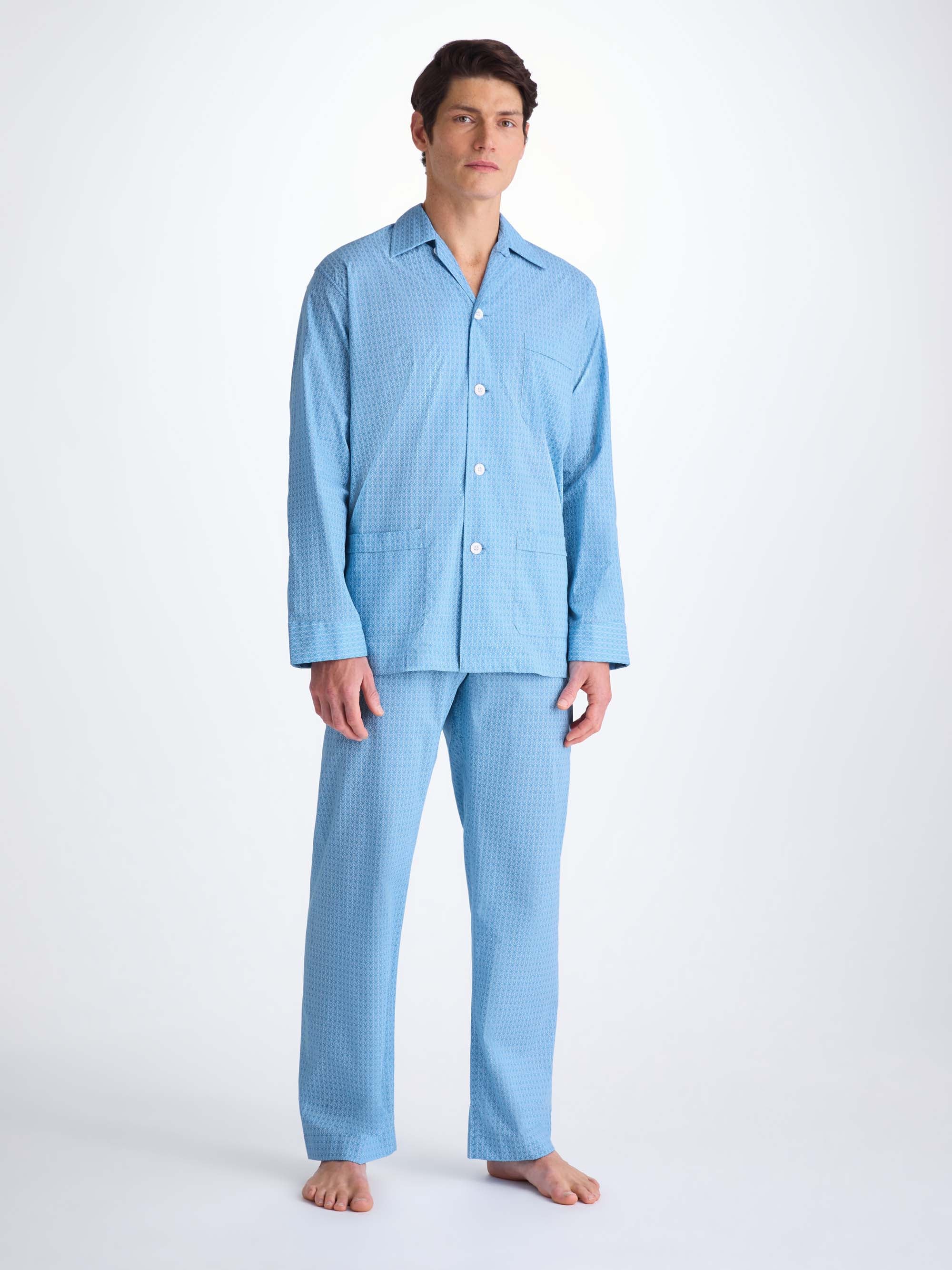 Men's Classic Fit Pajamas Cotton Batiste Blue Jungle Leaf Print