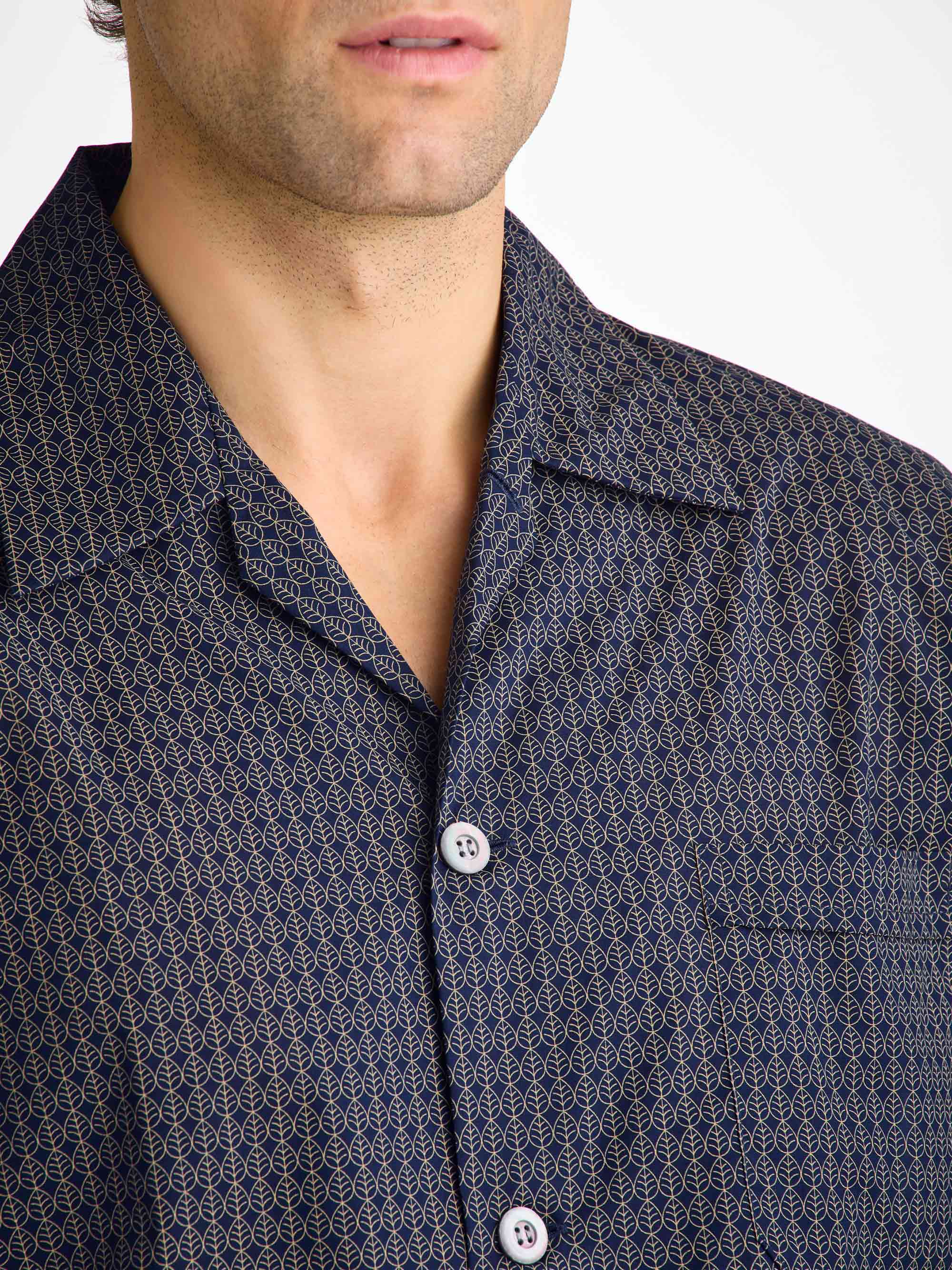 Men's Classic Fit Pyjamas Cotton Batiste Navy Jungle Leaf Print