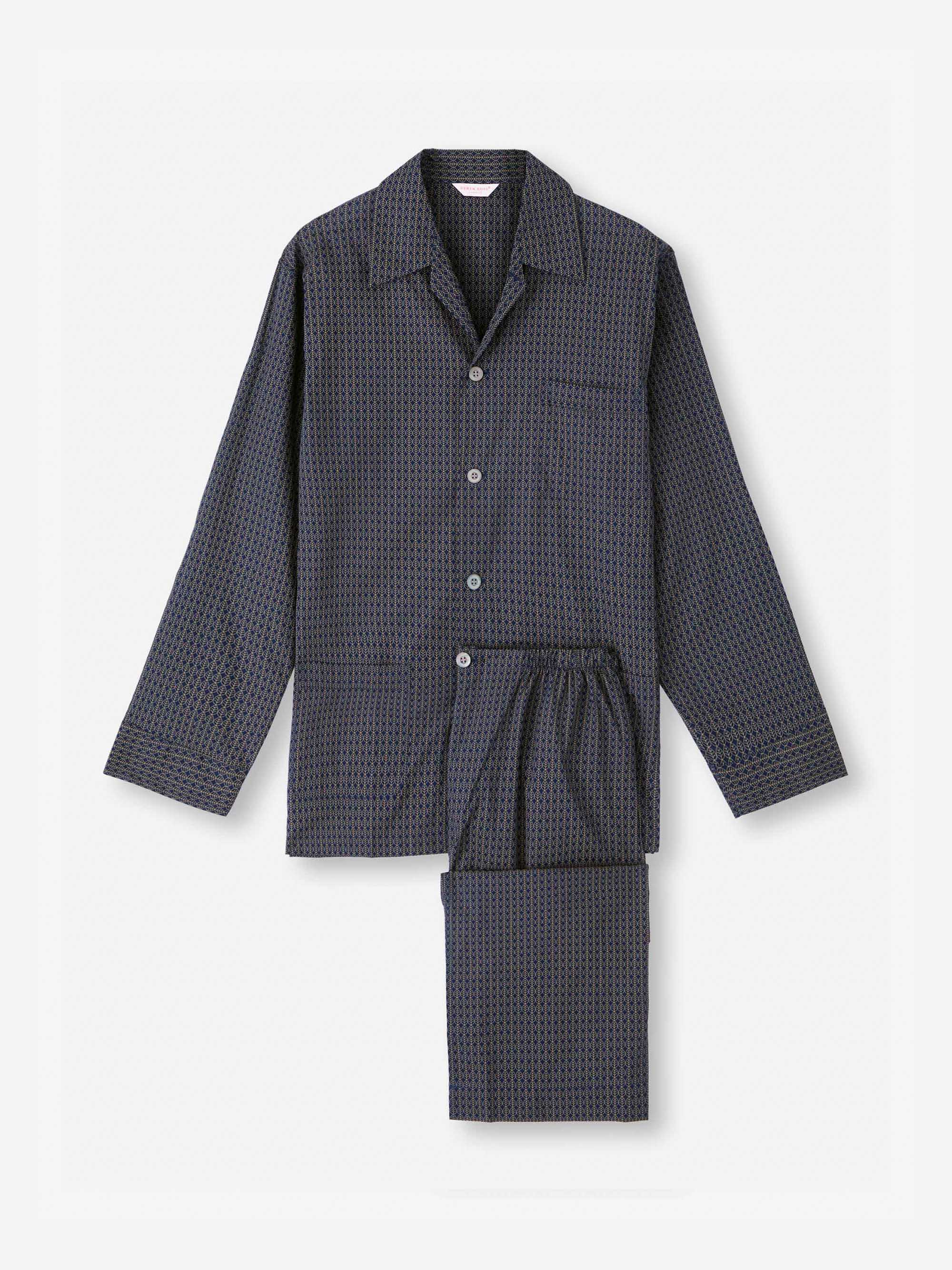 Men's Classic Fit Pyjamas Cotton Batiste Navy Jungle Leaf Print