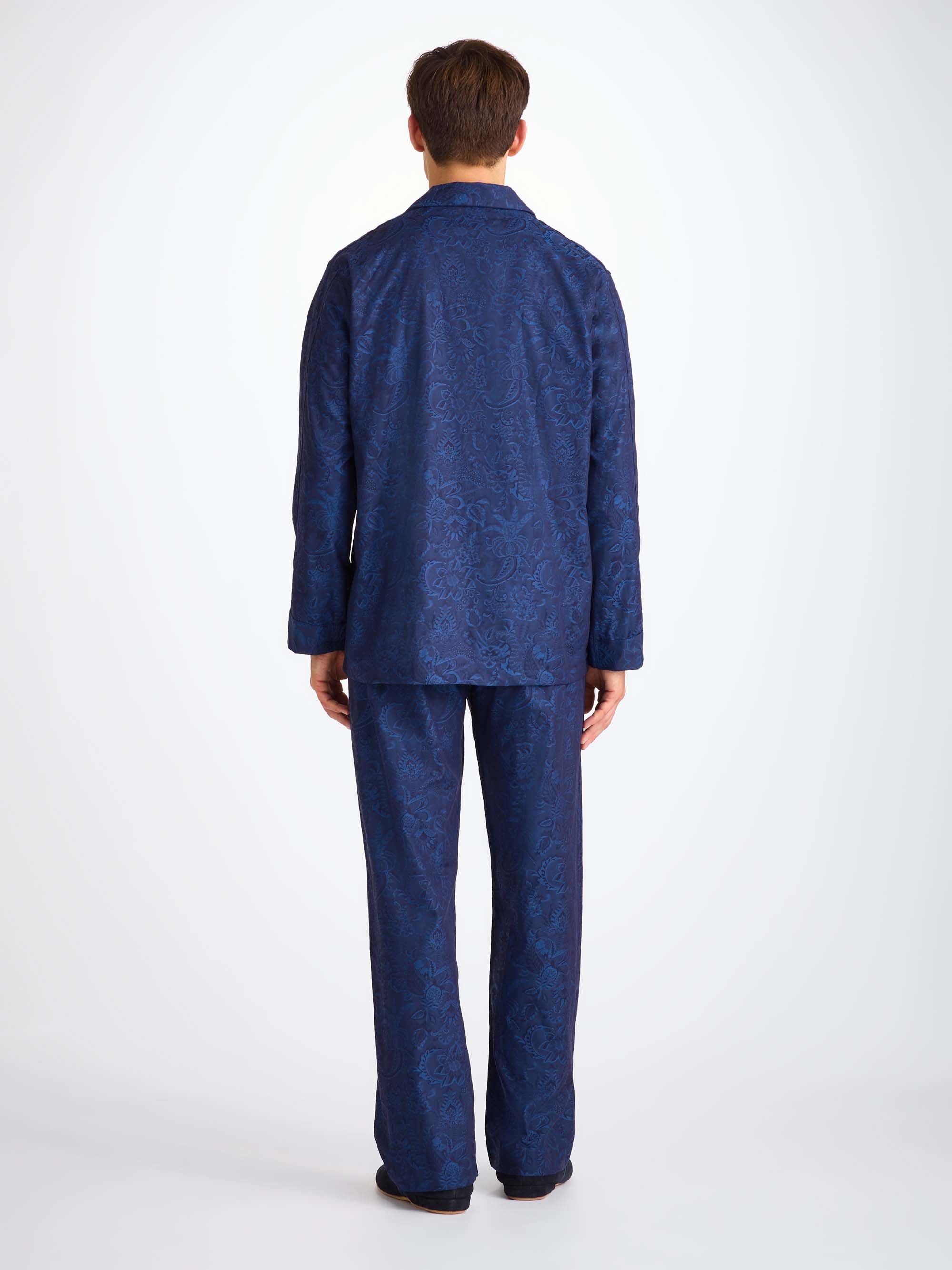 Men's Classic Fit Pyjamas Cotton Jacquard Navy Jungle Paisley Pattern