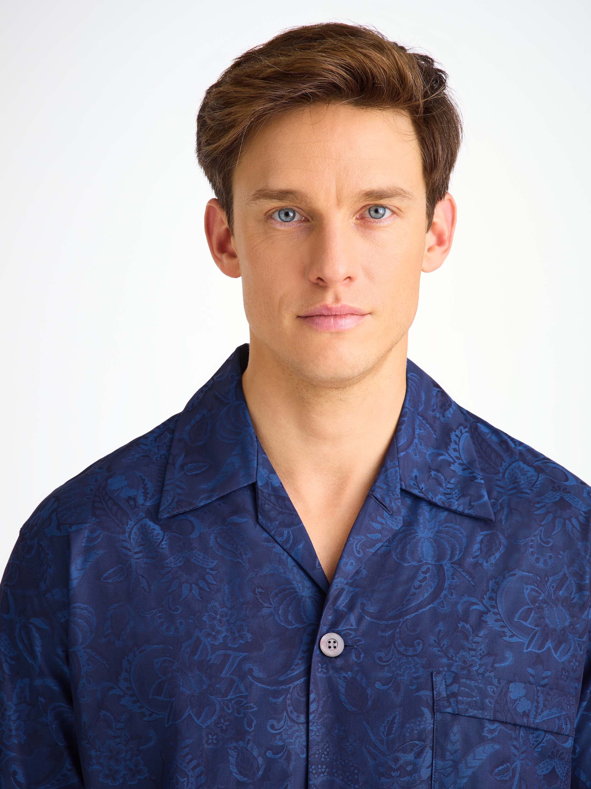 Men's Classic Fit Pyjamas Cotton Jacquard Navy Jungle Paisley Pattern
