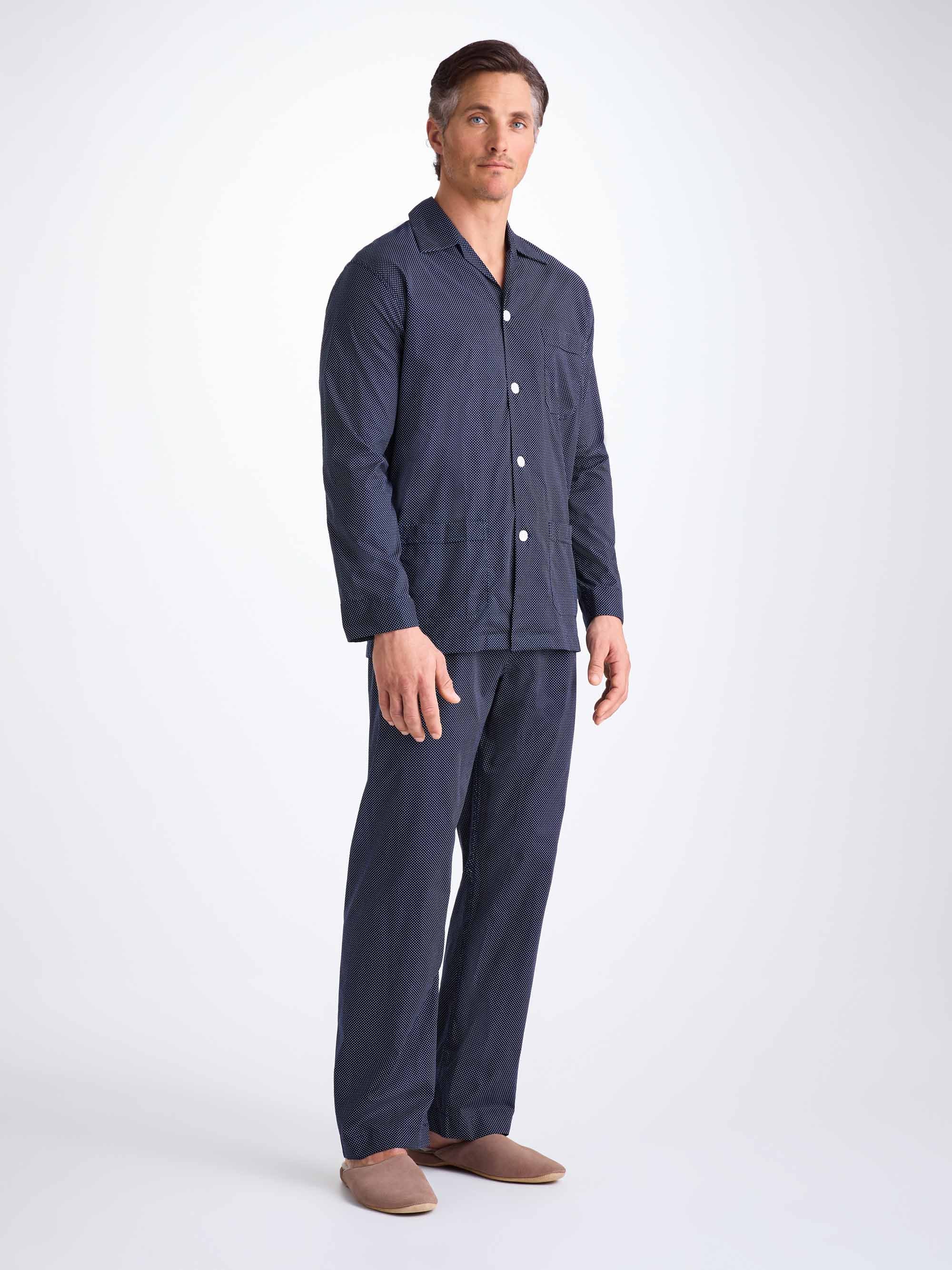 Men's Classic Fit Pyjamas Cotton Batiste Navy Pin Dot Print