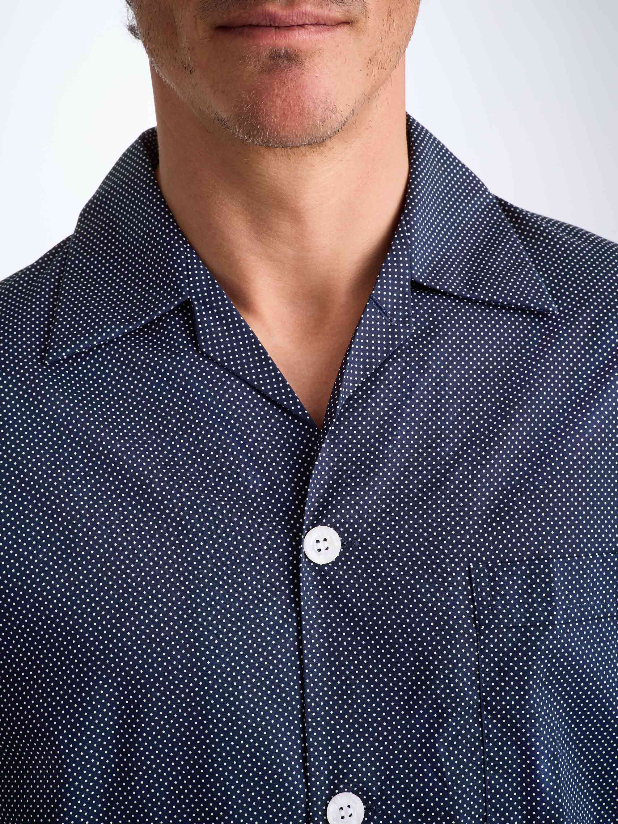 Men's Classic Fit Pyjamas Cotton Batiste Navy Pin Dot Print