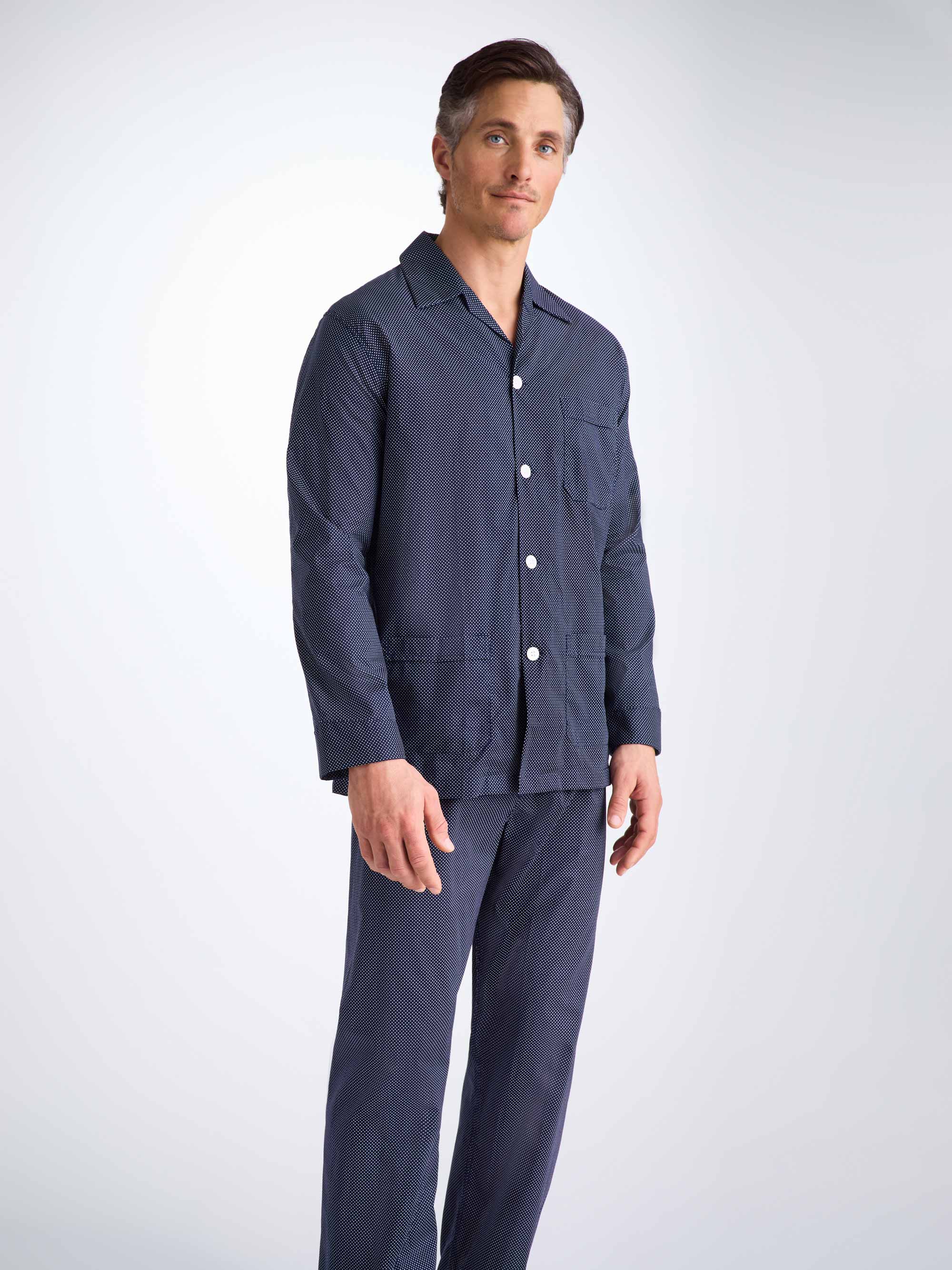 Men's Classic Fit Pyjamas Cotton Batiste Navy Pin Dot Print