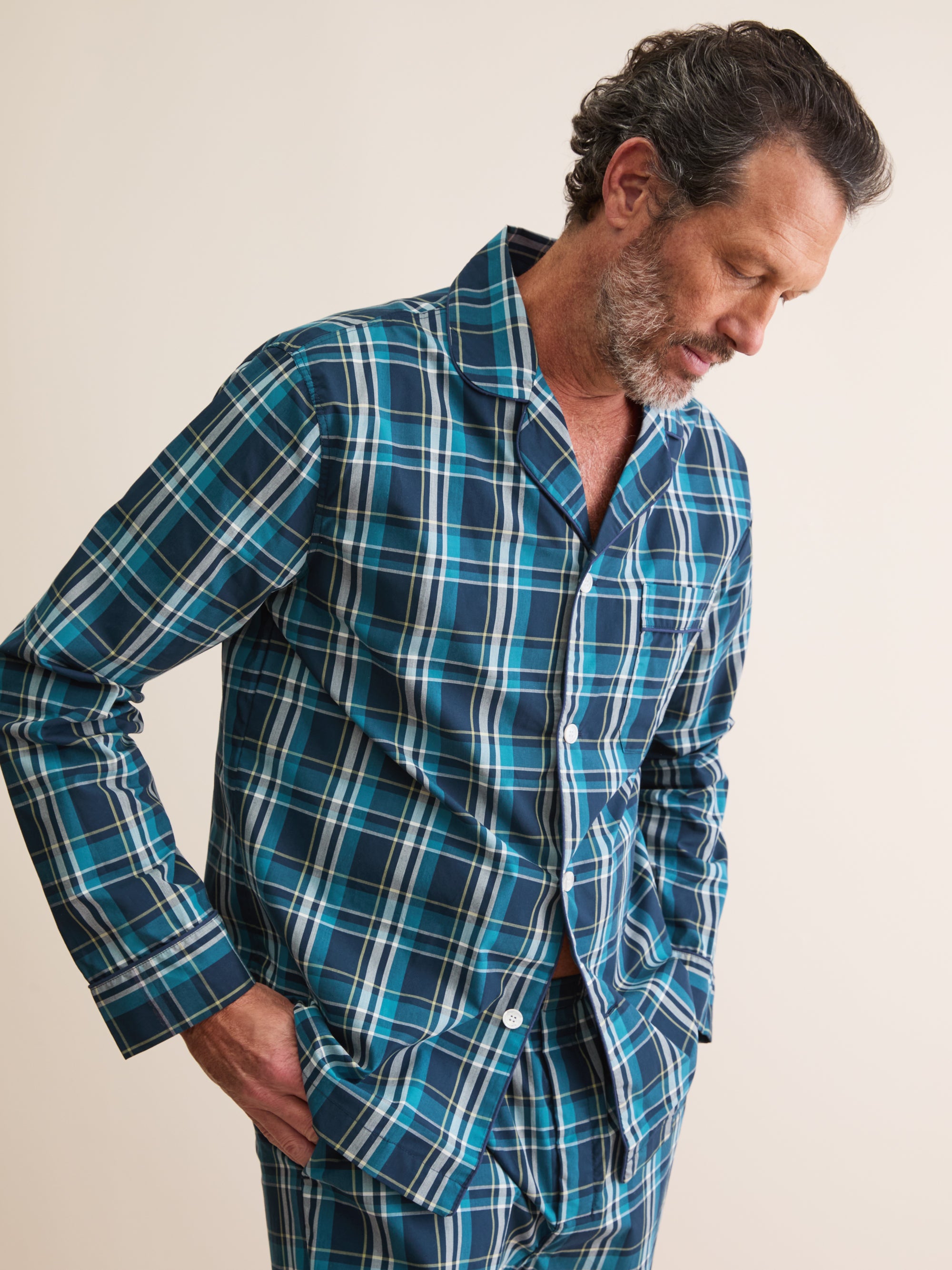 Men's Classic Fit Pyjamas Barker Cotton Navy Blue & Teal Check