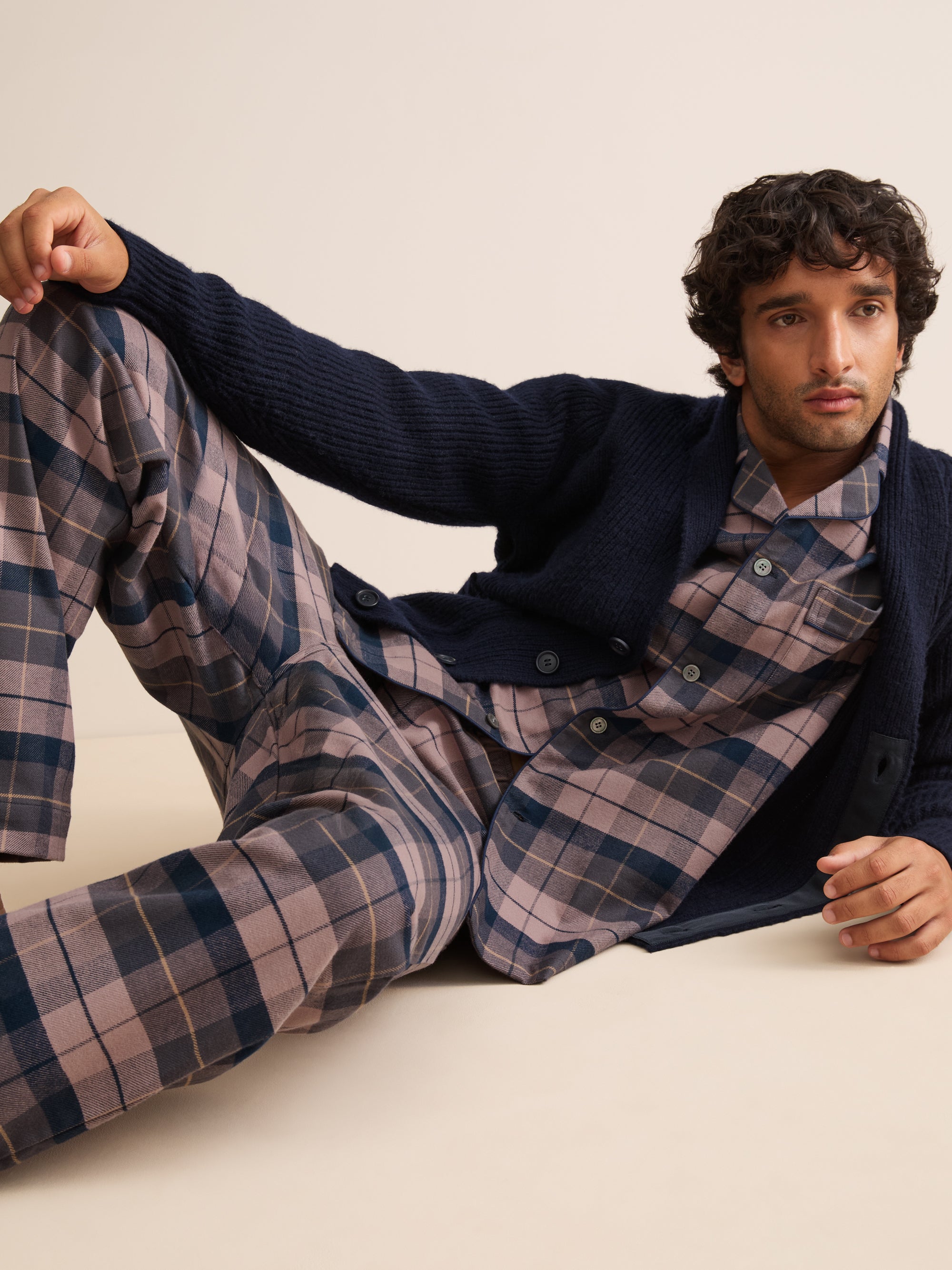 Kelburn Brushed Cotton Pajamas Navy & Dusty Pink Check