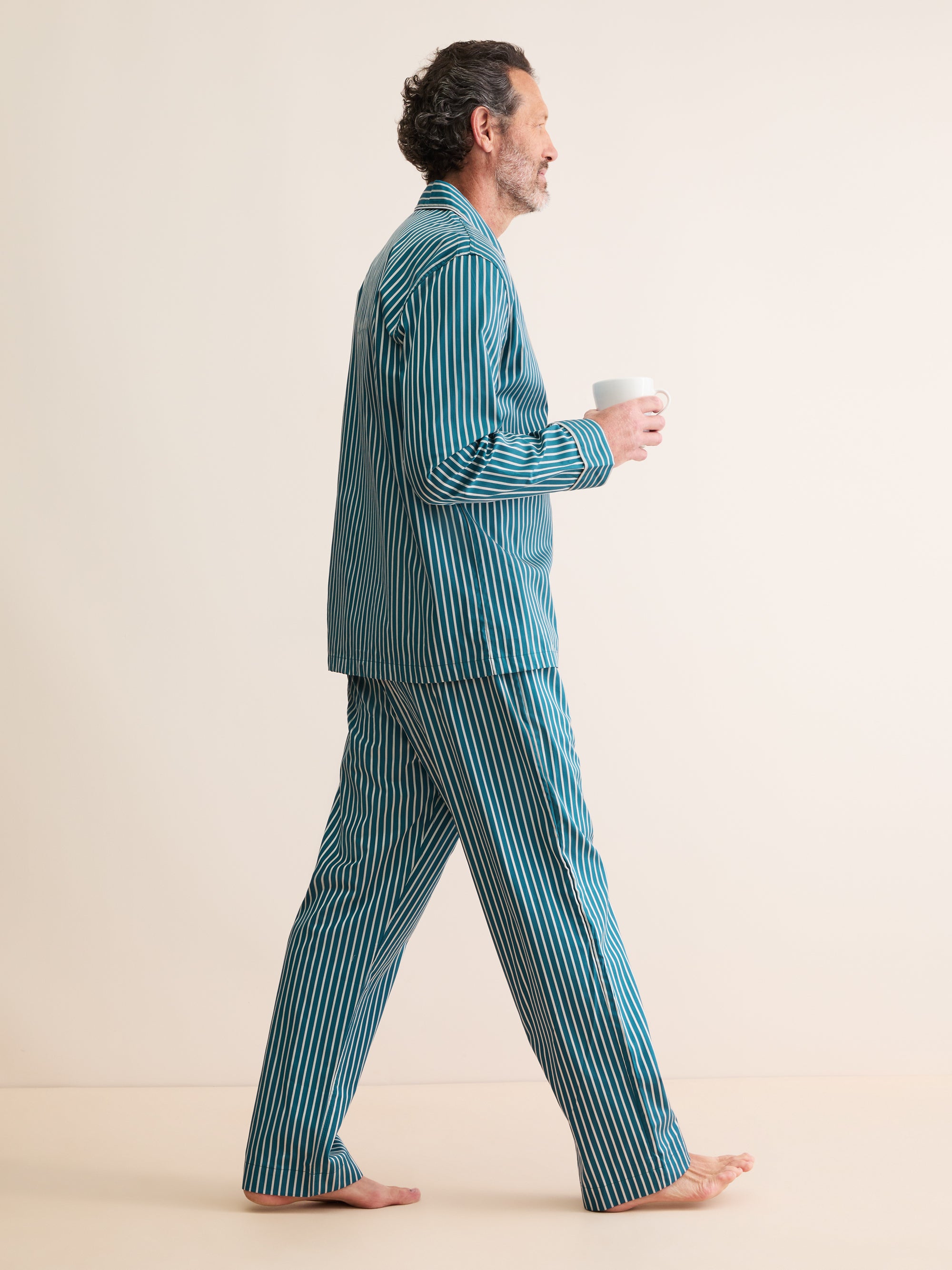 Men's Classic Fit Pyjamas Royal Cotton Teal & White Stripe