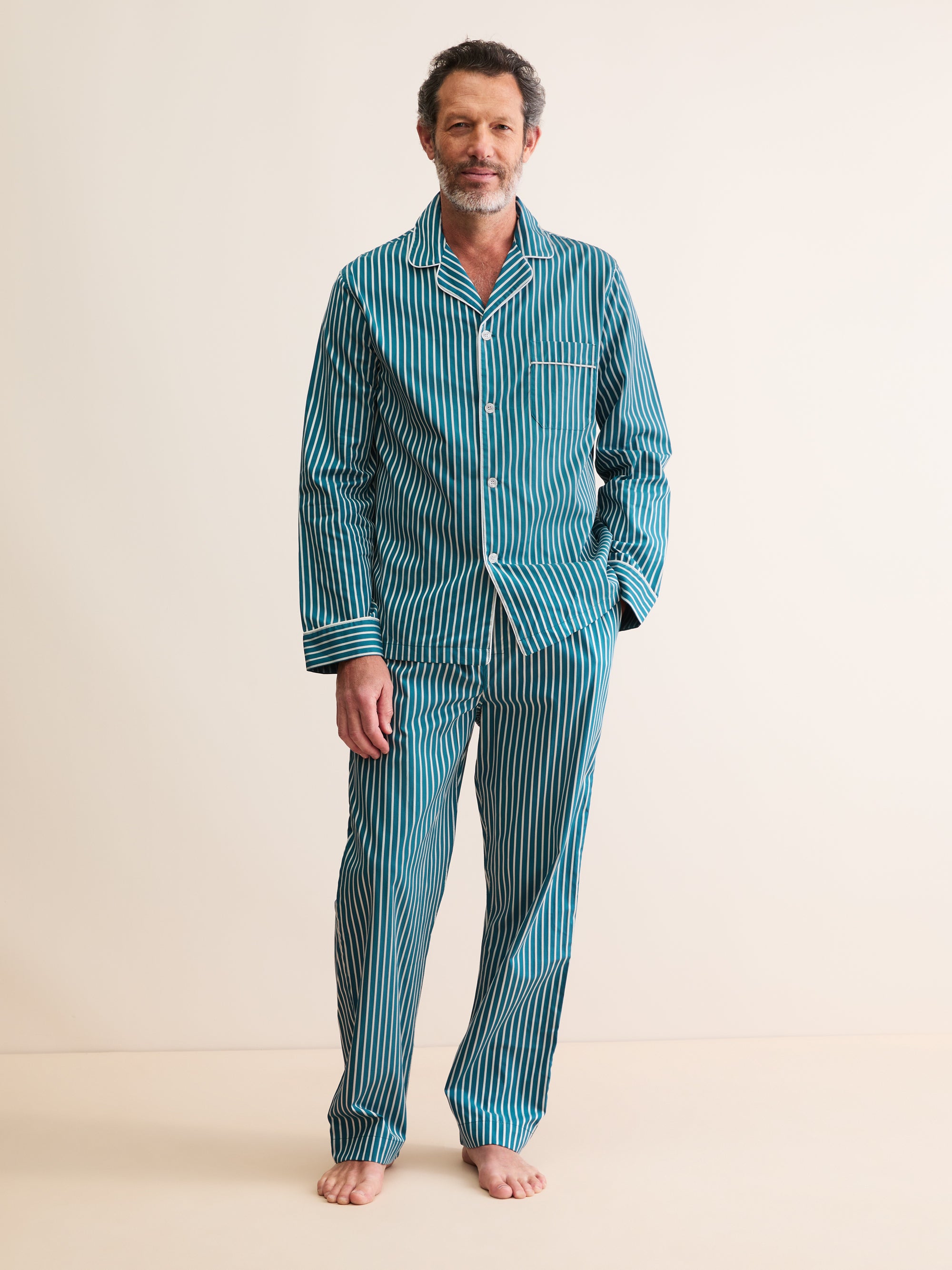 Men's Classic Fit Pyjamas Royal Cotton Teal & White Stripe