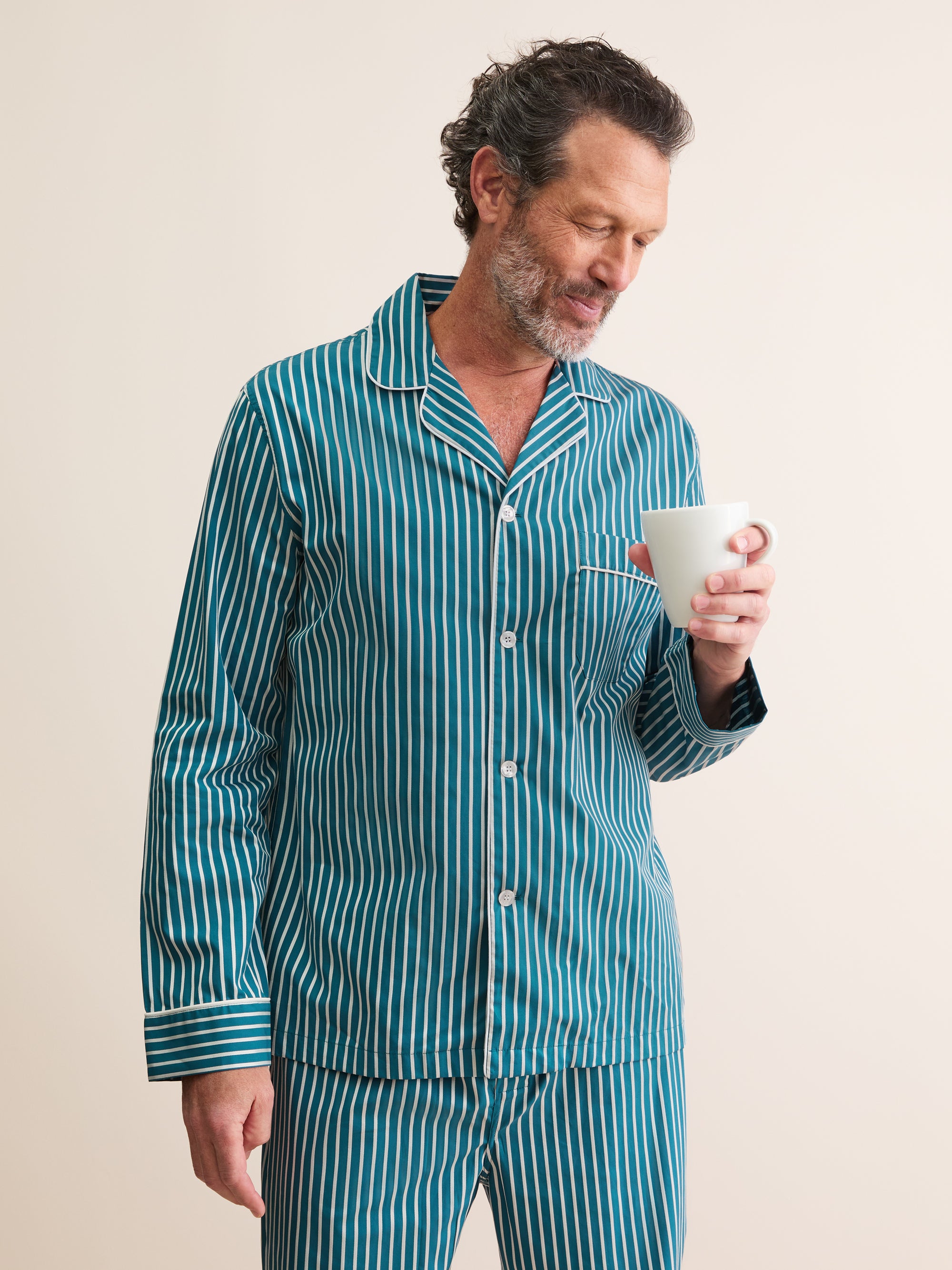 Men's Classic Fit Pyjamas Royal Cotton Teal & White Stripe