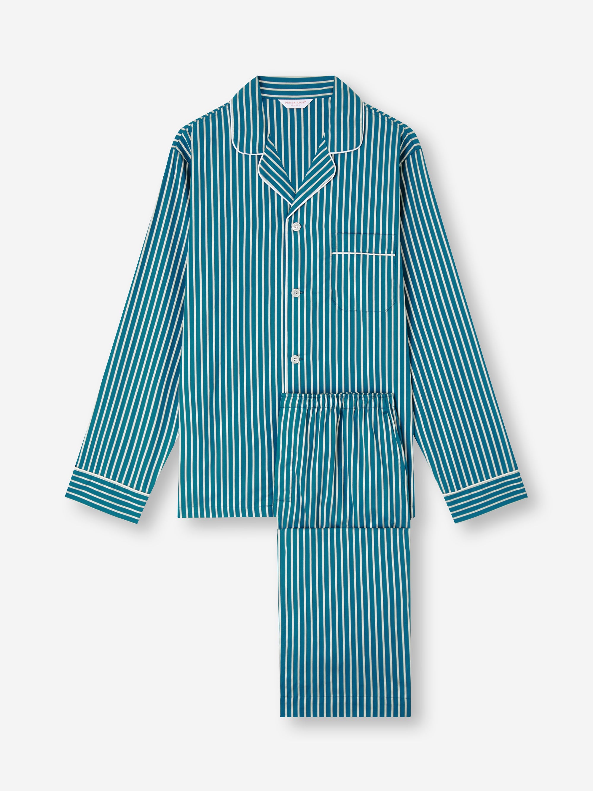Men's Classic Fit Pyjamas Royal Cotton Teal & White Stripe