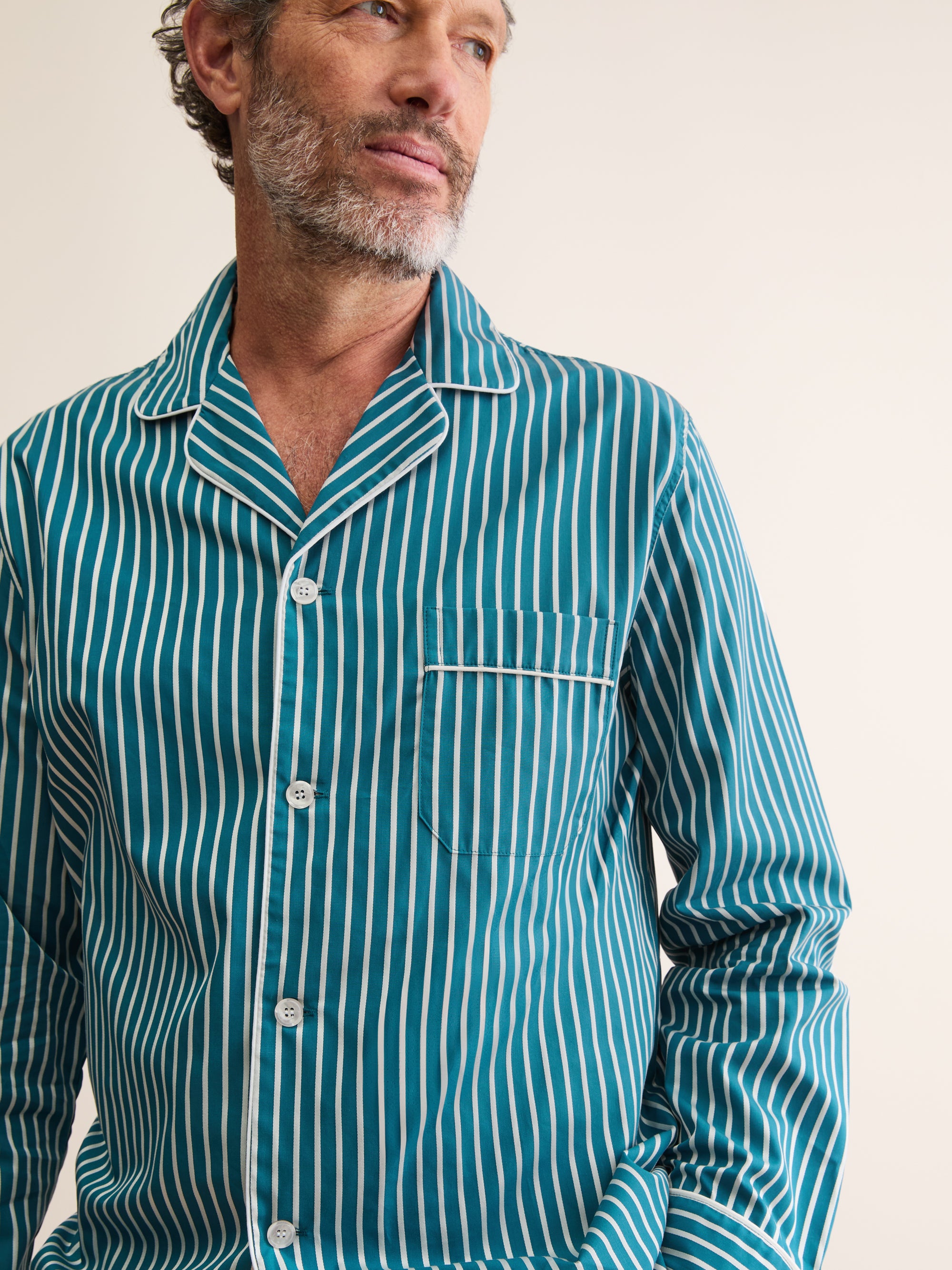 Men's Classic Fit Pyjamas Royal Cotton Teal & White Stripe