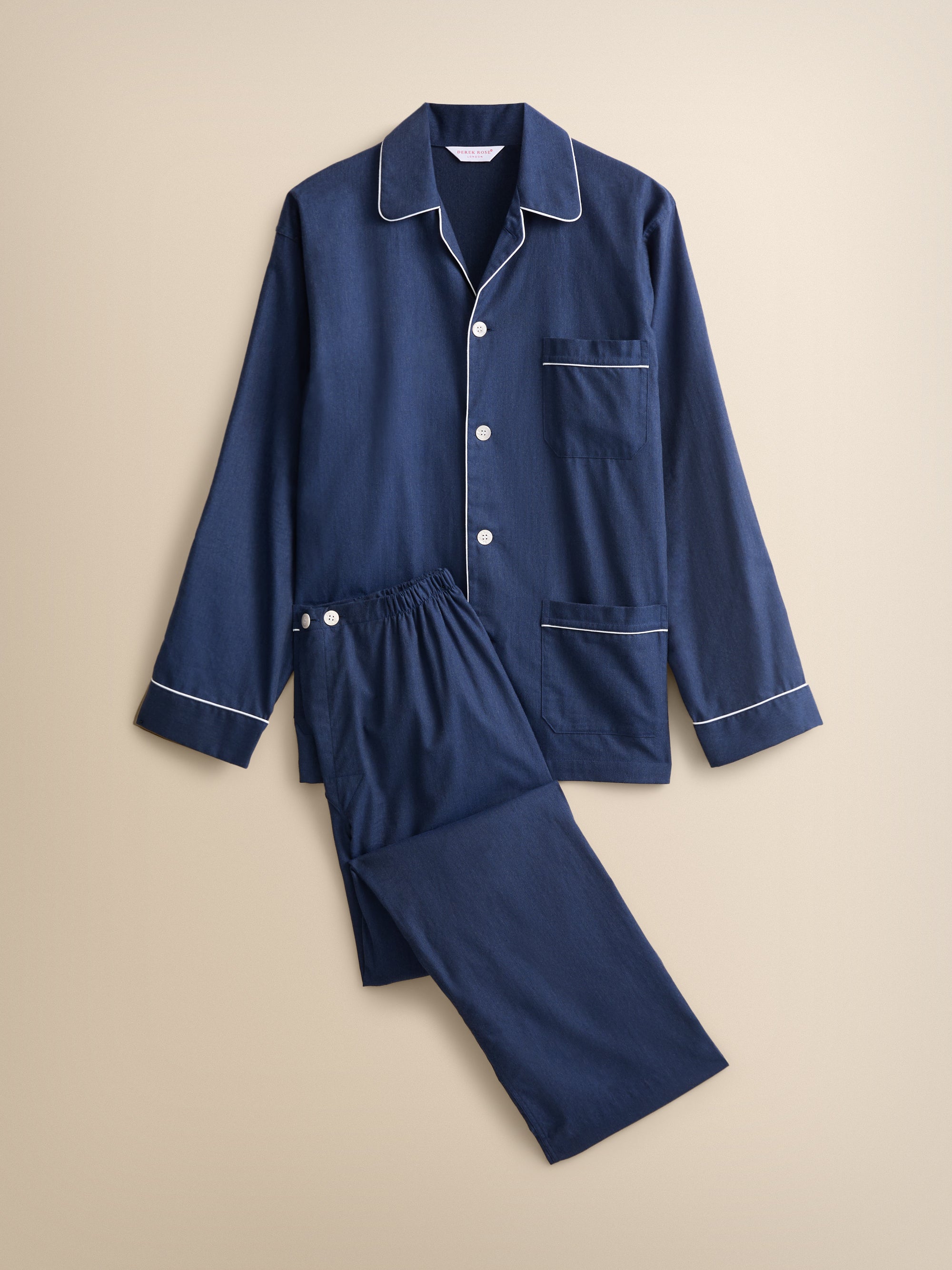 Balmoral Brushed Cotton Pajamas Navy Blue Herringbone