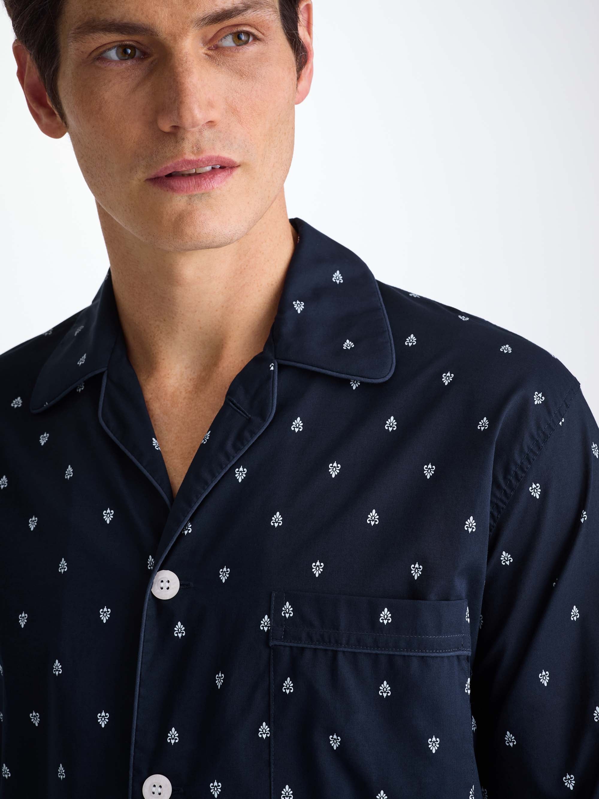 Men's Classic Fit Pyjamas Cotton Batiste Navy Paisley Motif