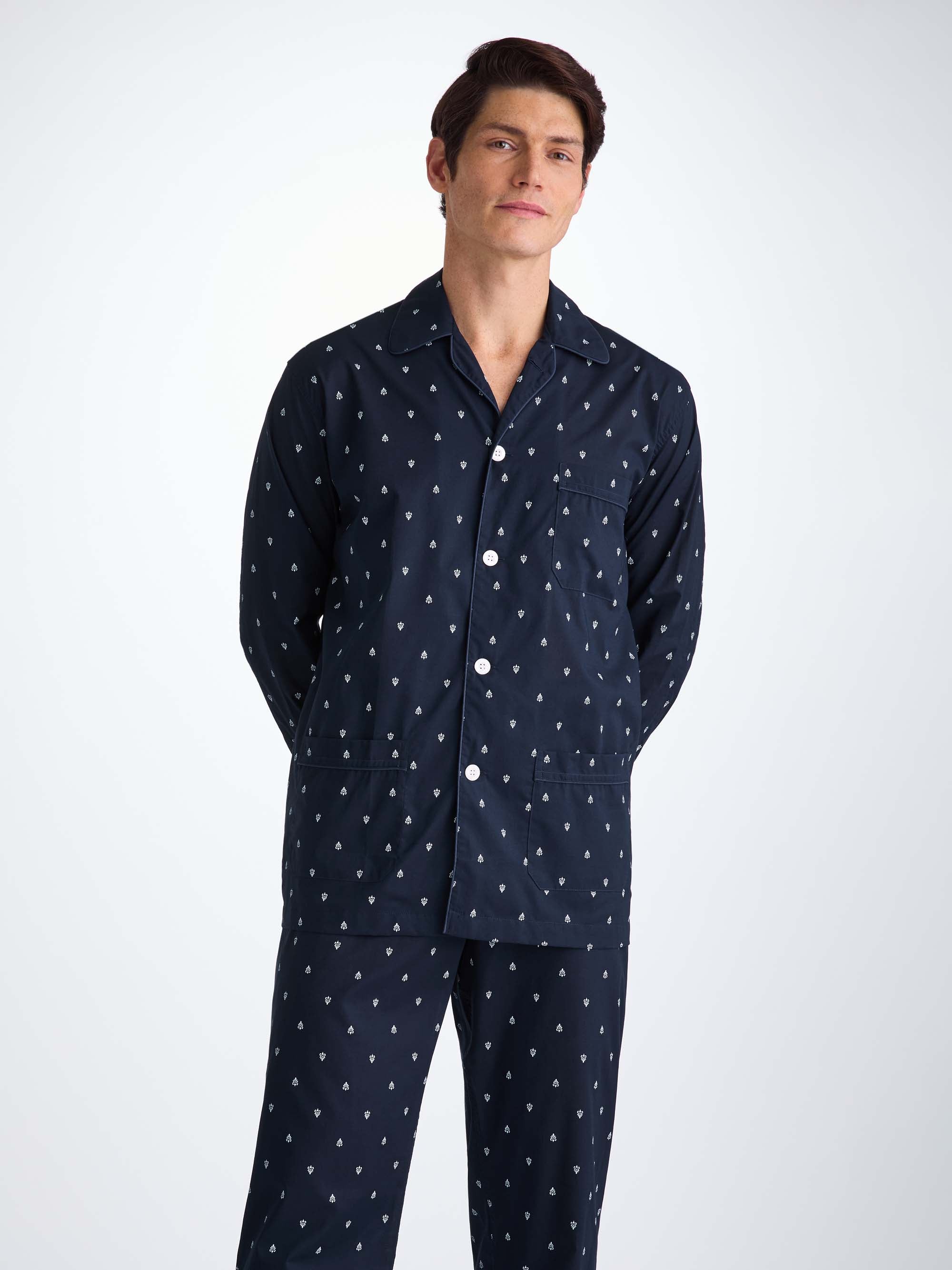 Men's Classic Fit Pyjamas Cotton Batiste Navy Paisley Motif