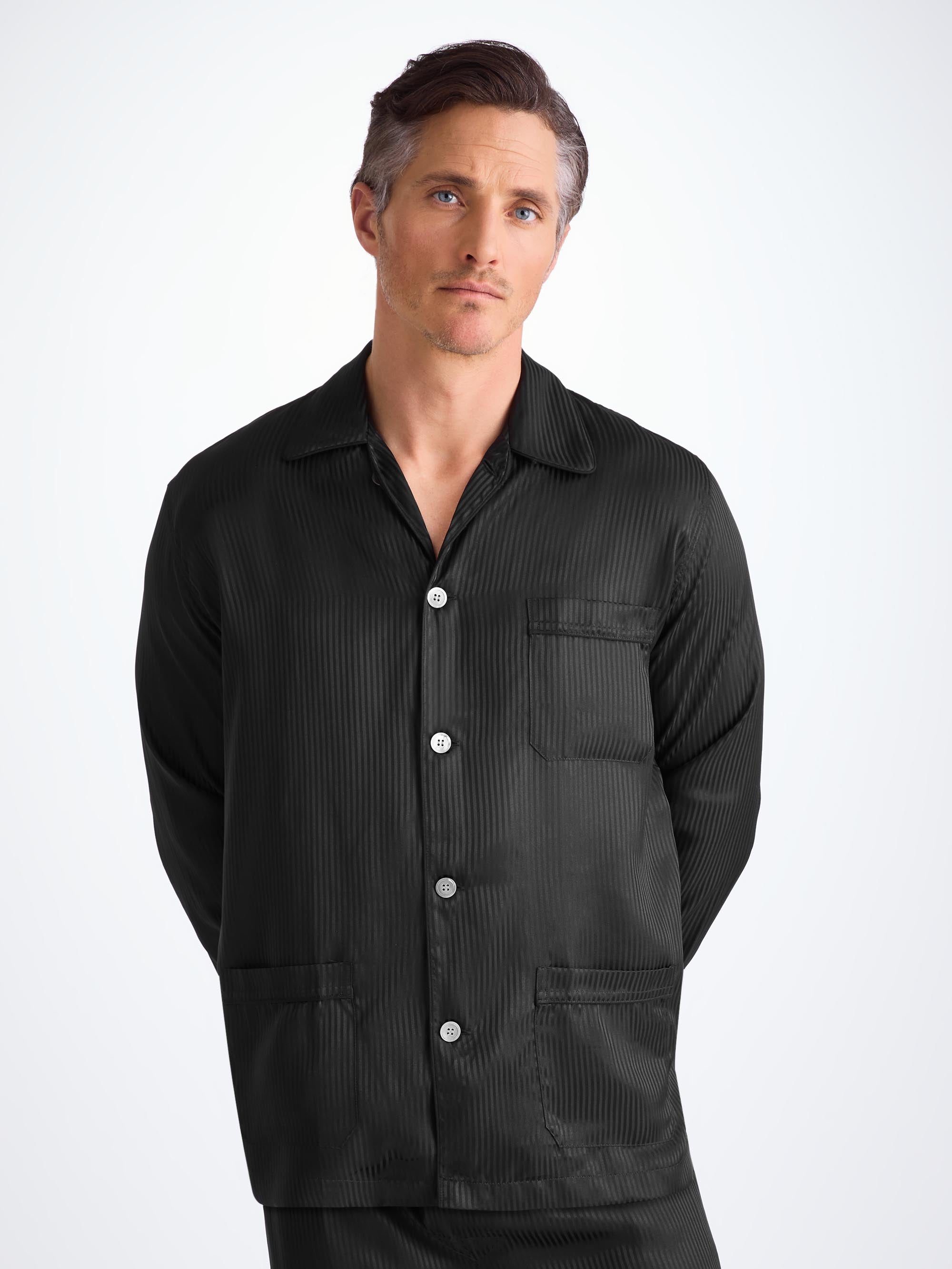 Men's Classic Fit Pyjamas Woburn 8 Silk Satin Black
