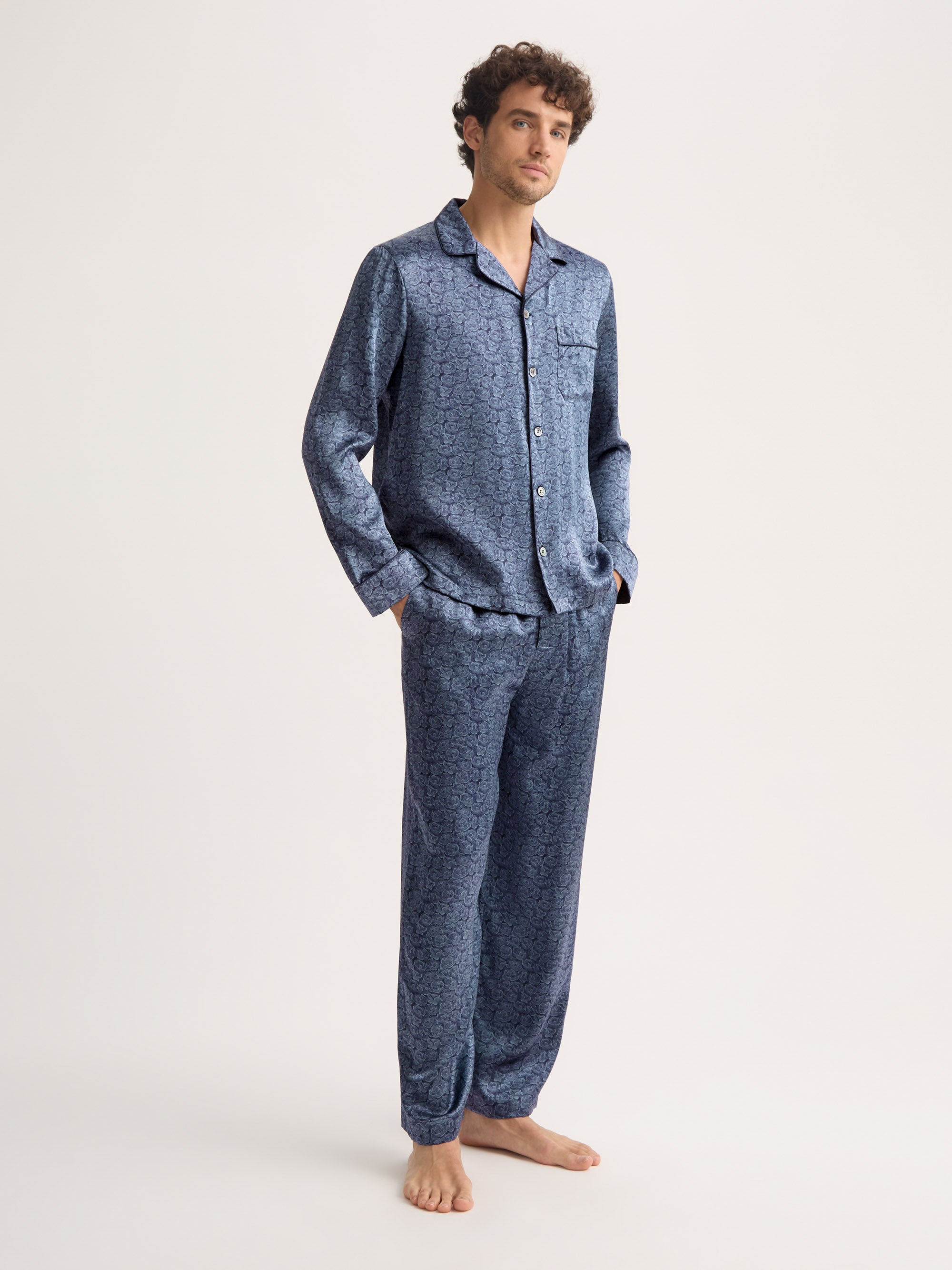 Men's Silk Pyjamas Navy Blue Rose