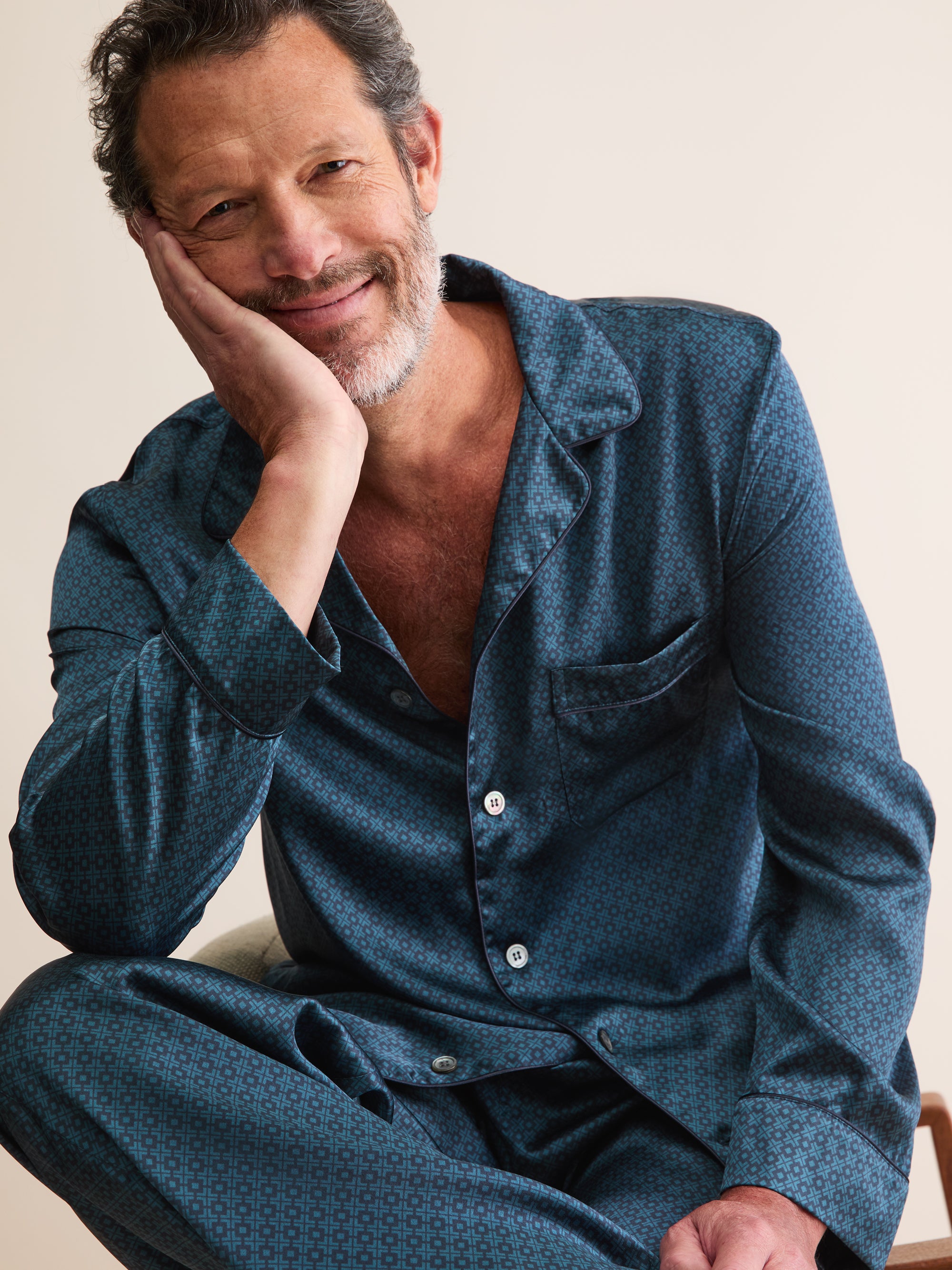 Men's Silk Pyjamas London Geo Cross Blue & Teal