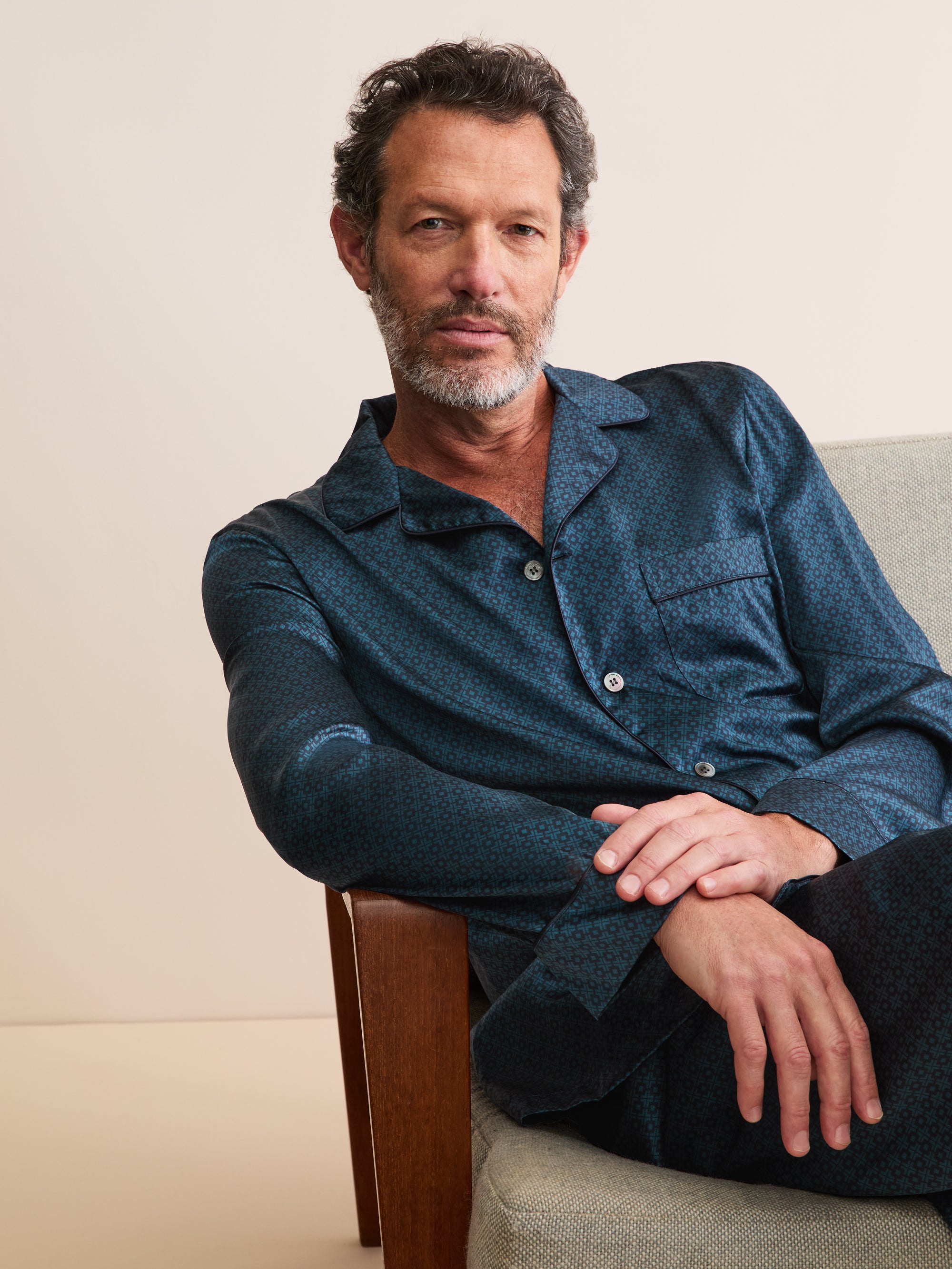 Men's Silk Pyjamas London Geo Cross Blue & Teal