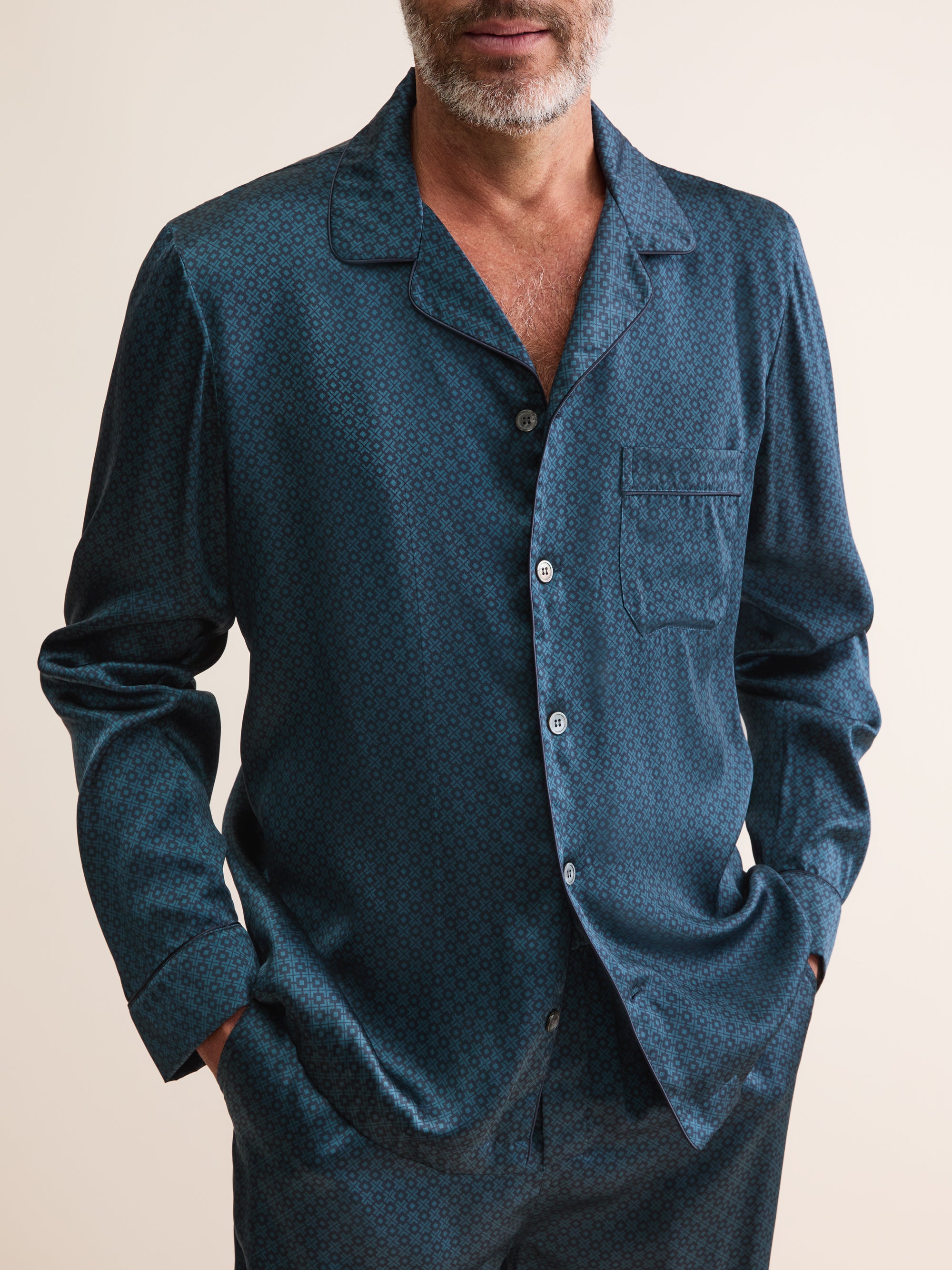 Men's Silk Pyjamas London Geo Cross Blue & Teal