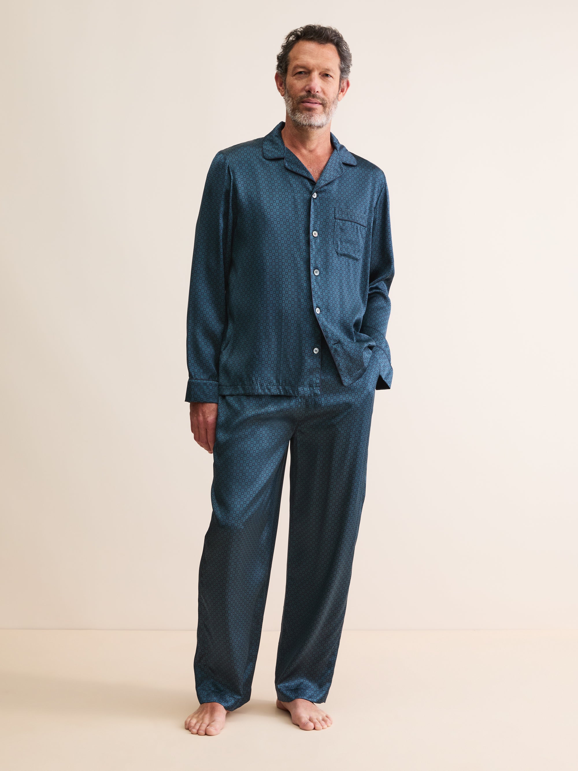 Men's Silk Pyjamas London Geo Cross Blue & Teal