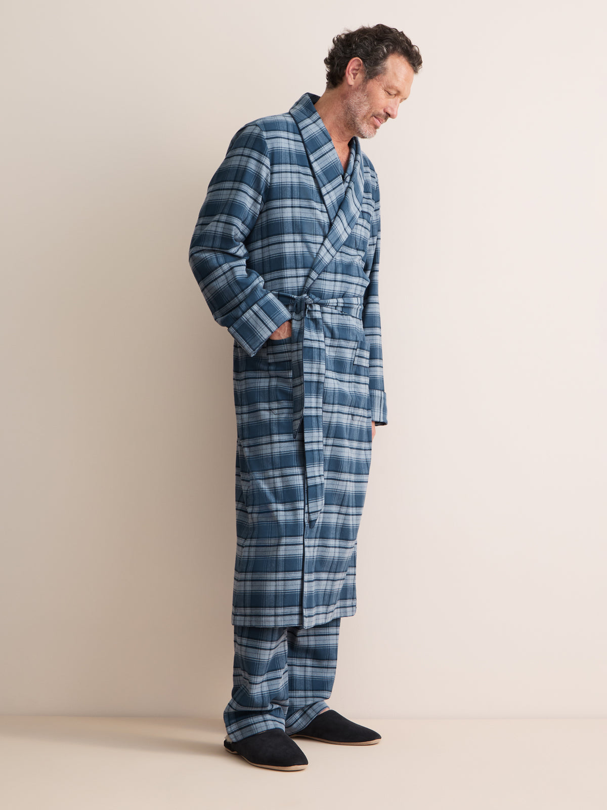 Kelburn Brushed Cotton Dressing Gown Blue Check