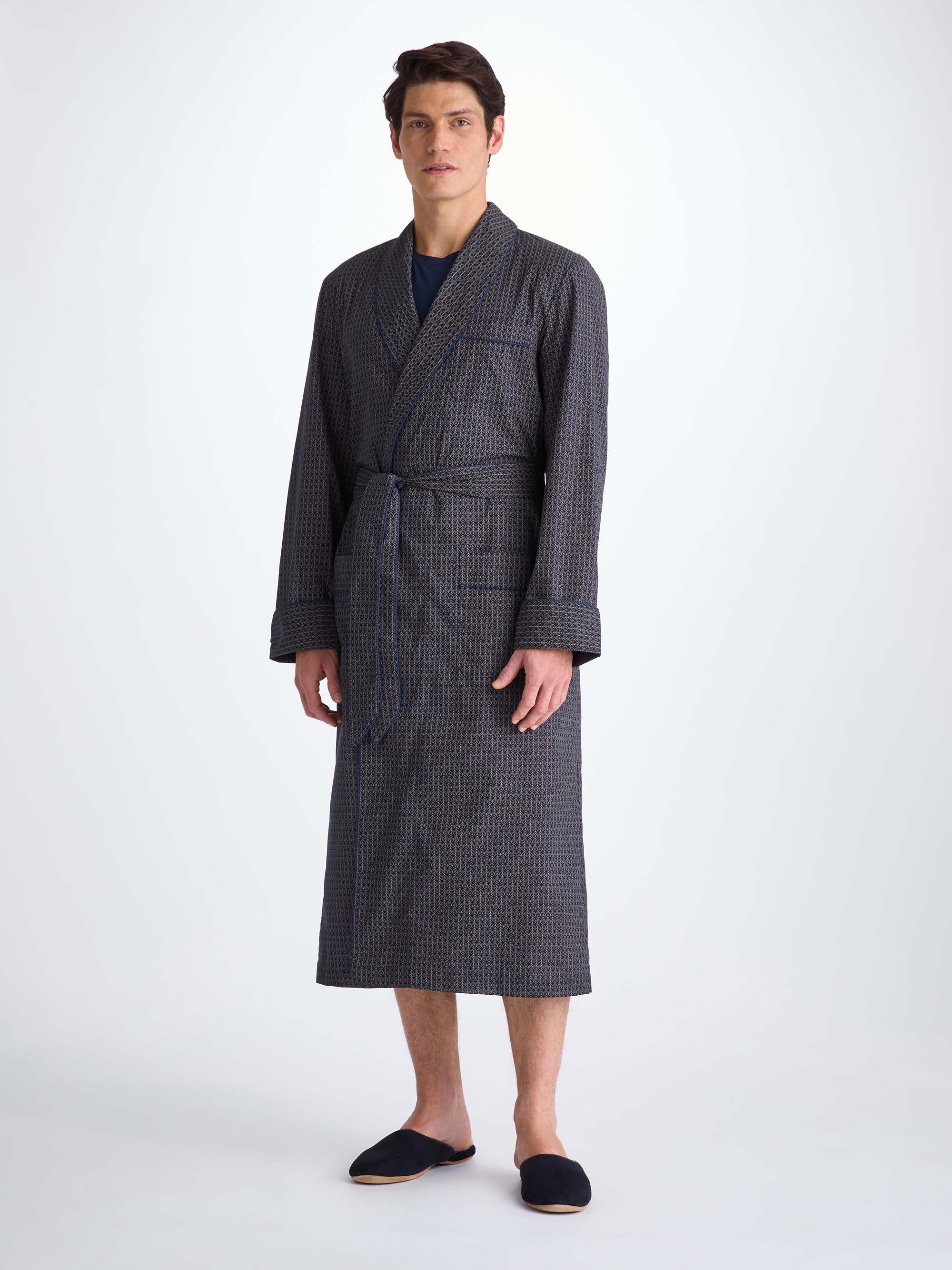 Men's Robe Cotton Batiste Navy Jungle Leaf Print