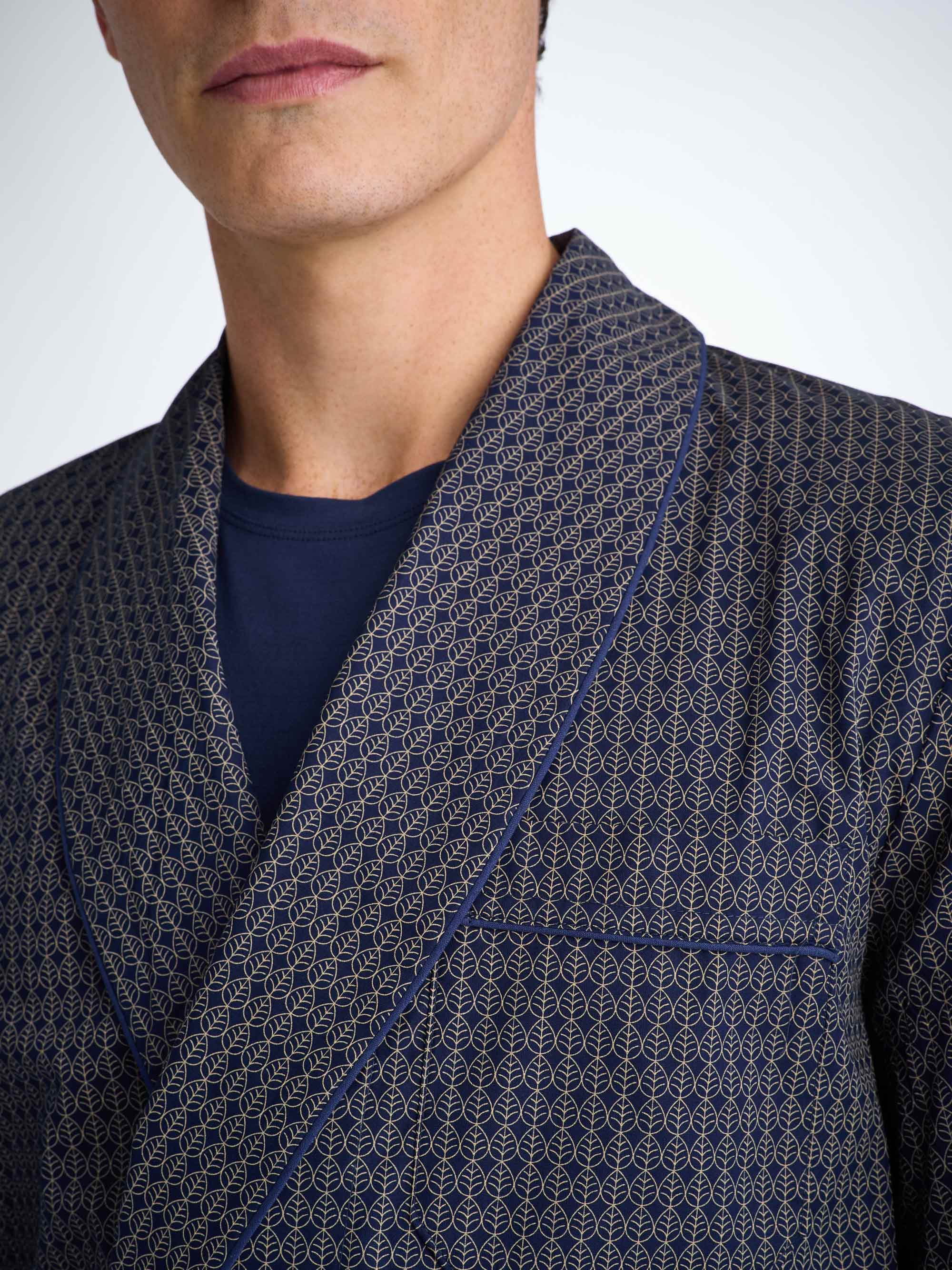 Men's Robe Cotton Batiste Navy Jungle Leaf Print