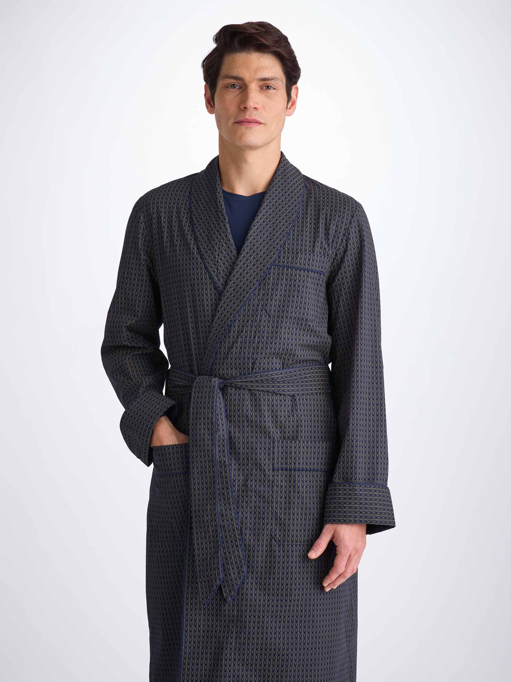 Men's Dressing Gown Cotton Batiste Navy Jungle Leaf Print