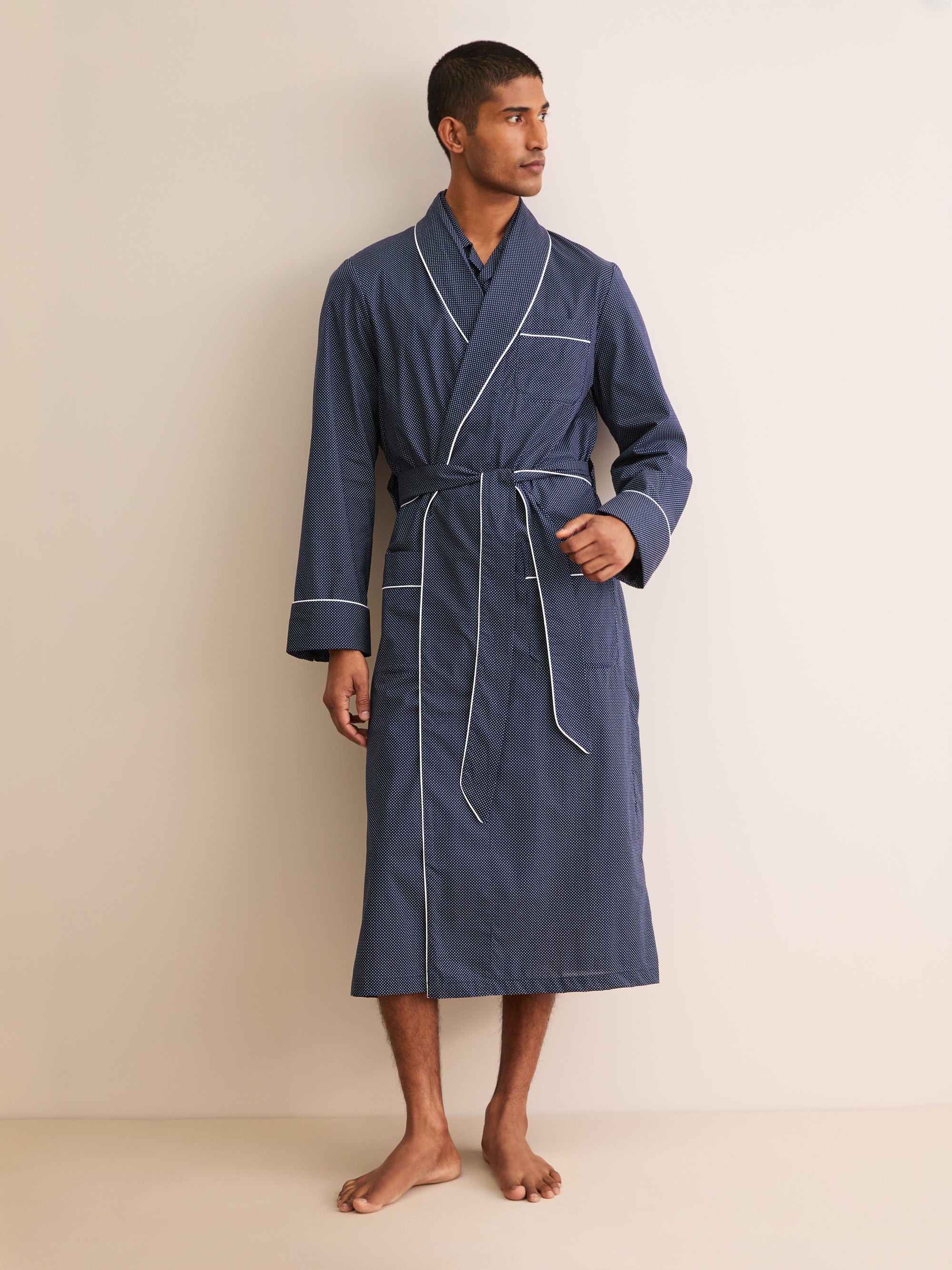 Men's Robe Cotton Batiste Navy Pin Dot Print